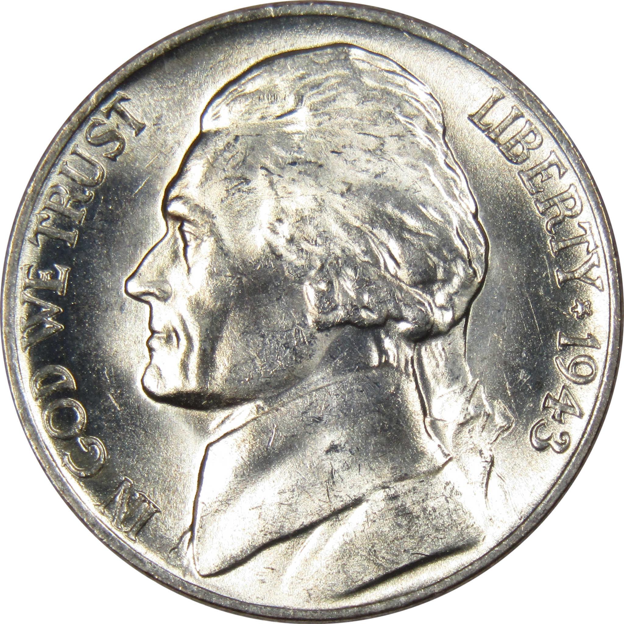 1943 P Jefferson Wartime Nickel BU Uncirculated Mint State 35% Silver 5c US Coin