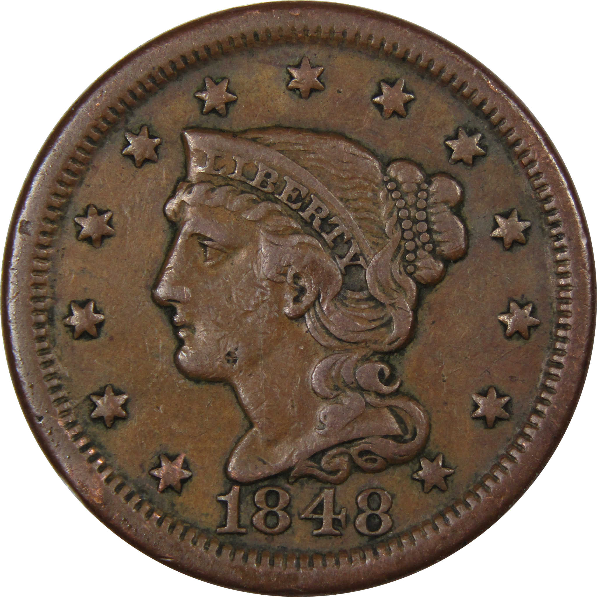 1848 Braided Hair Large Cent VF Very Fine Copper Penny 1c SKU:IPC8983