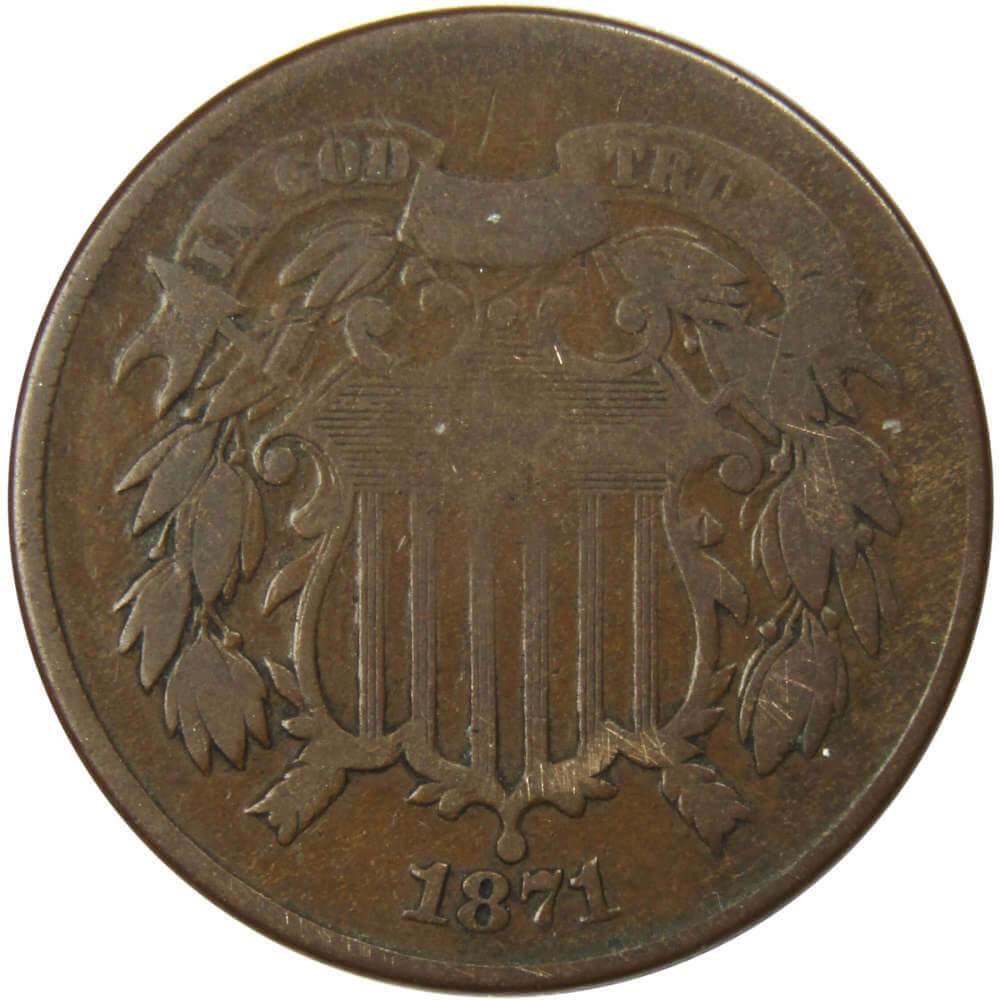 1871 Two Cent Piece G Good Bronze 2c US Type Coin Collectible