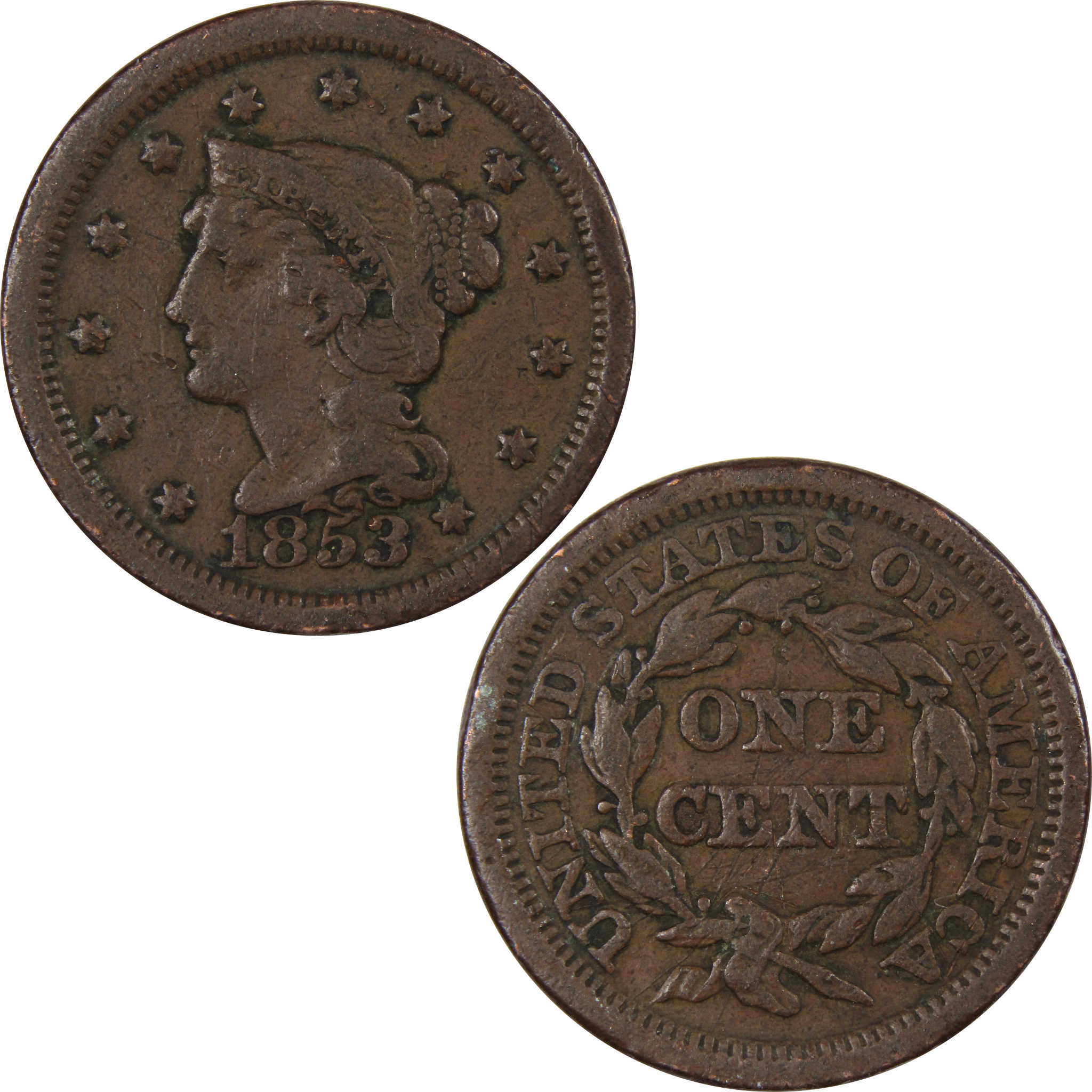 1853 Braided Hair Large Cent AG About Good Copper Penny SKU:IPC9051