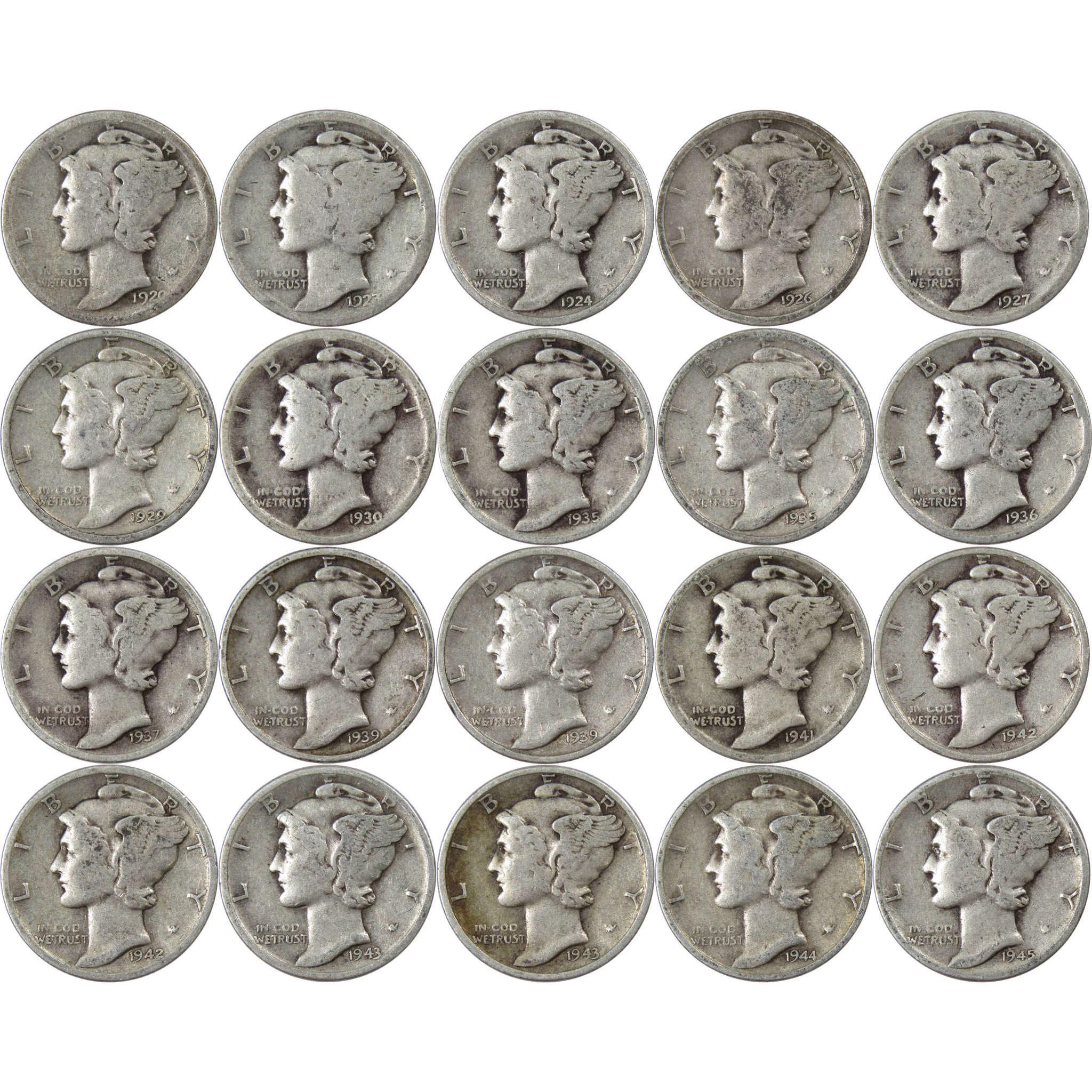 Mercury Dime 20 Coin Gift Set AG About Good 90% Silver 10c with Folder
