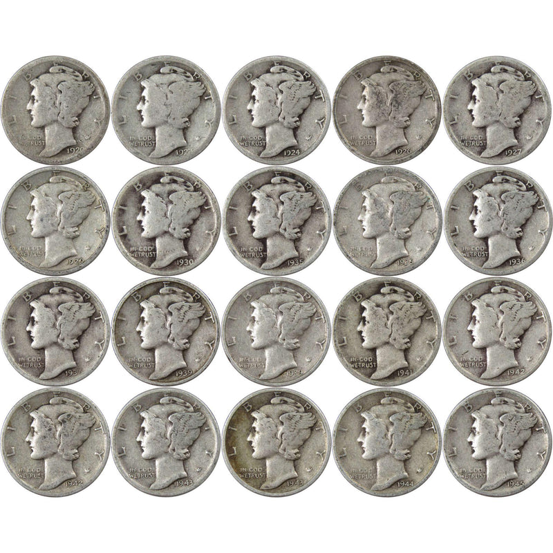 1920-1945 Mercury Dime 20 Coin Gift Set AG About Good 90% Silver 10c with Folder - Mercury Dimes - Winged Liberty Dime - Profile Coins &amp; Collectibles