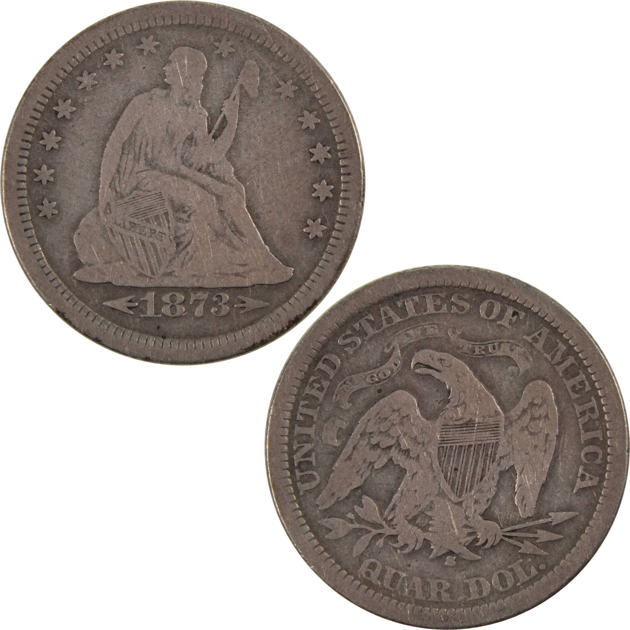1873 S Seated Liberty Quarter F Fine 90% Silver 25c SKU:I3728