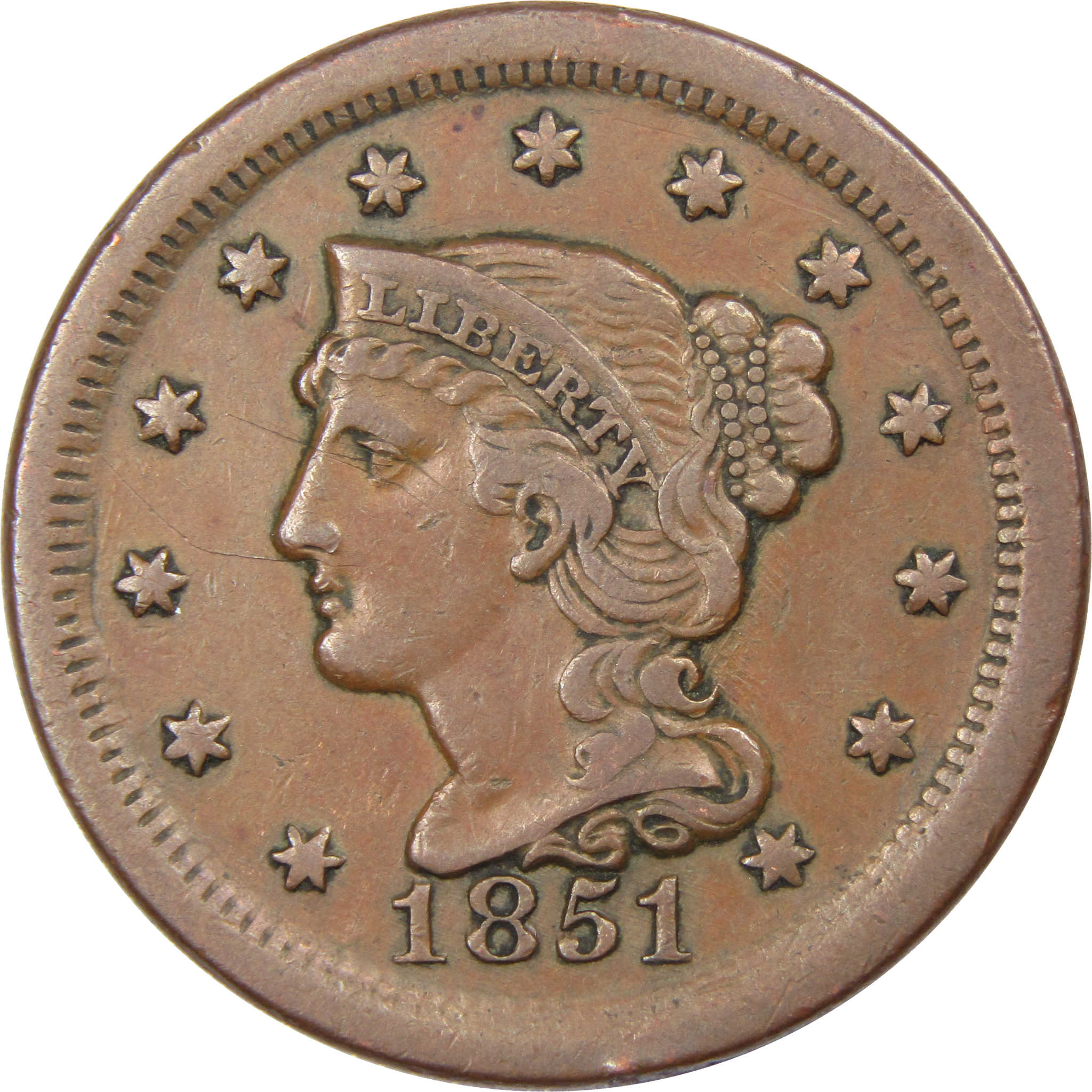 1851 Braided Hair Large Cent XF Extremely Fine Copper Penny SKU:I1574