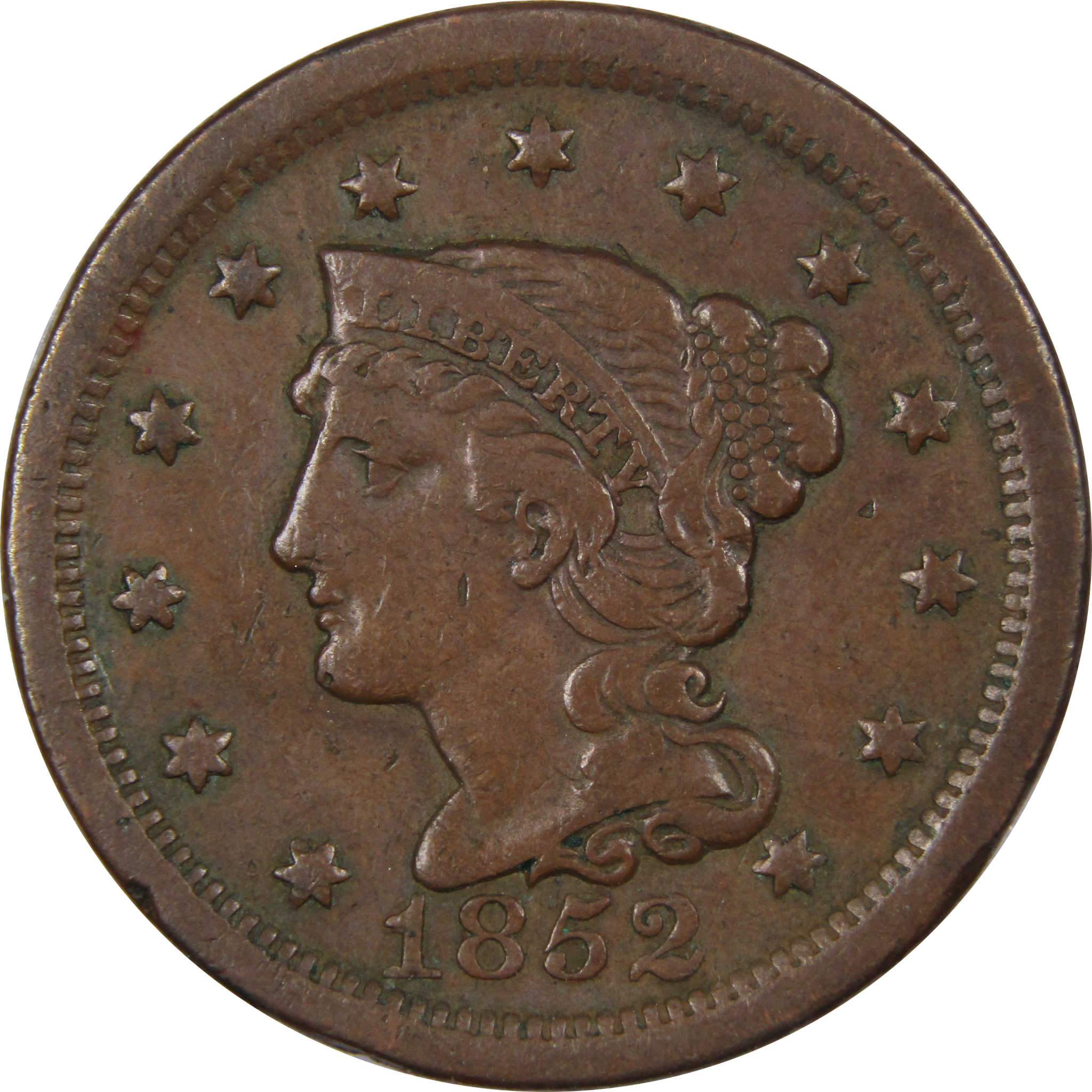 1852 Braided Hair Large Cent F Fine Copper Penny 1c SKU:IPC9268