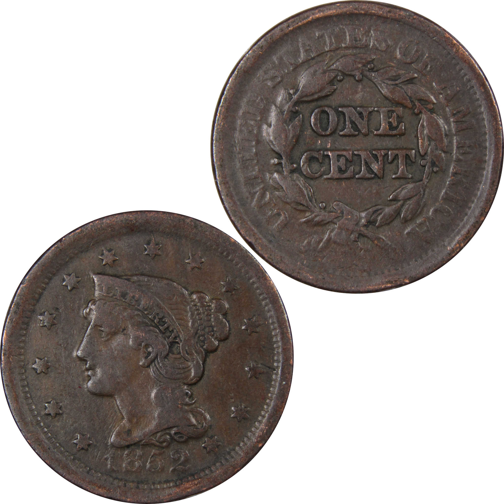 1852 Braided Hair Large Cent F Fine Copper Penny 1c SKU:IPC9060