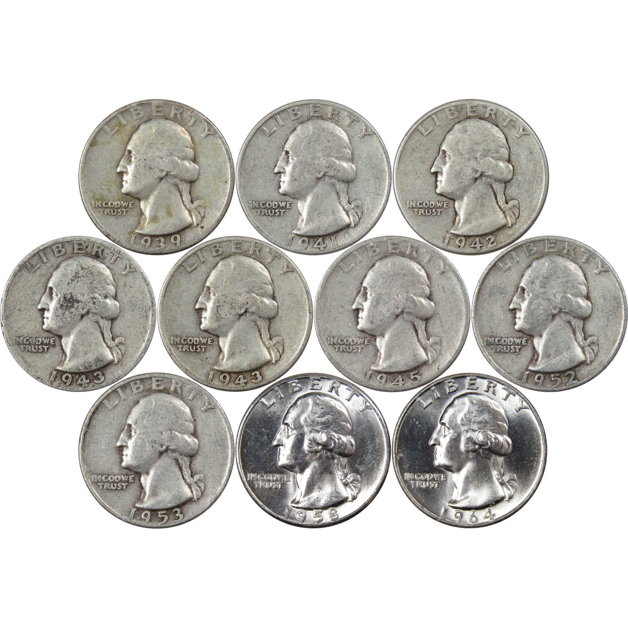 Washington Quarter 10 Coin Set F Fine 90% Silver 25c with Folder