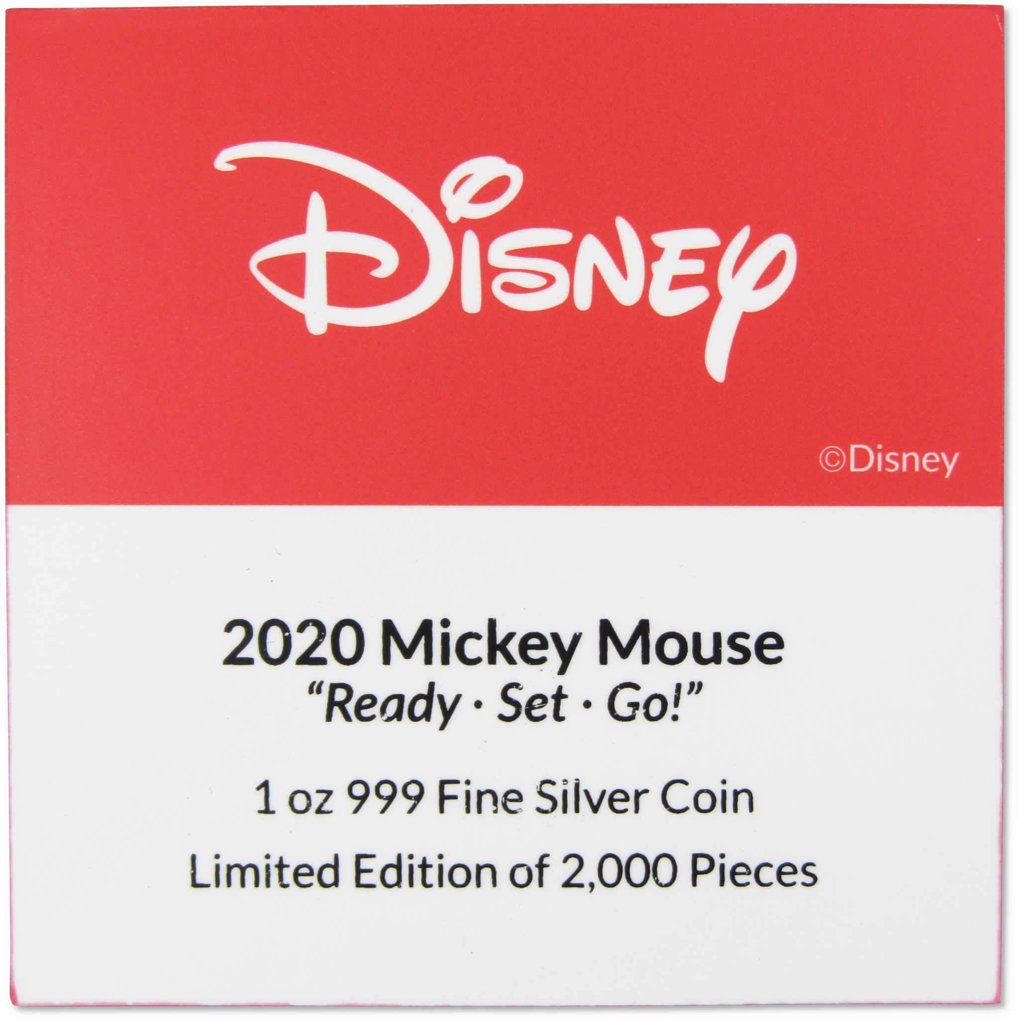 Disney Mickey Mouse Running Ready Set Go 1 oz .999 Silver $2 Proof 2020 Niue COA