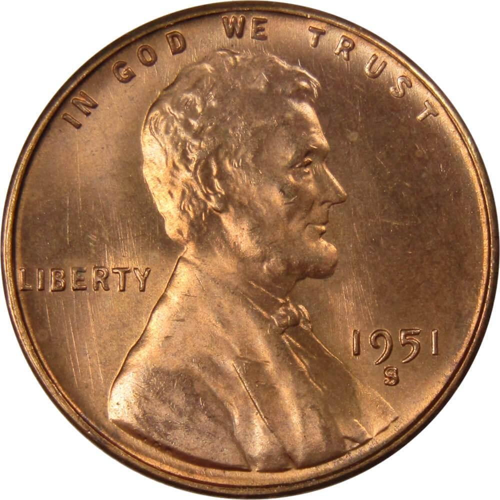 1951 S Lincoln Wheat Cent BU Uncirculated Mint State Bronze Penny 1c Coin