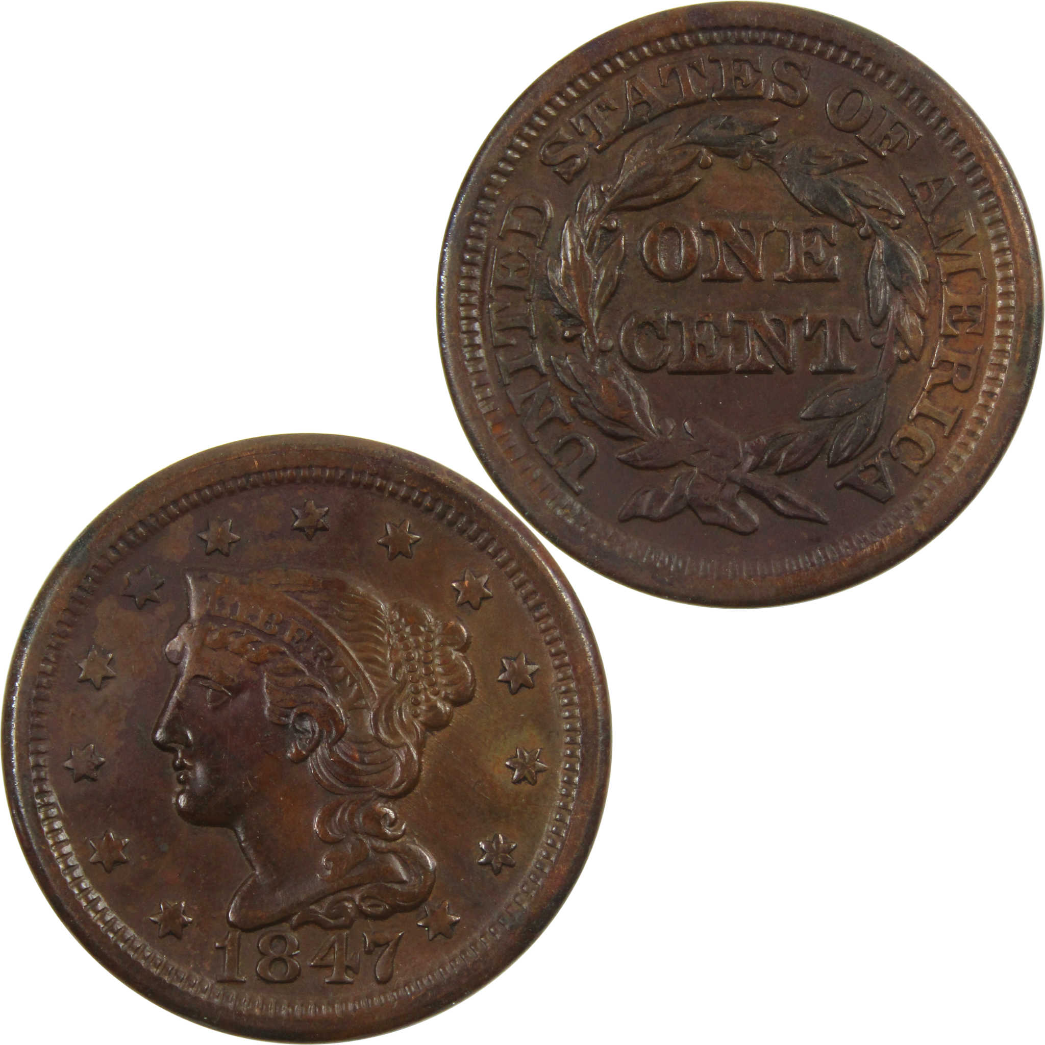1847 Braided Hair Large Cent AU About Uncirculated Copper 1c SKU:I5974