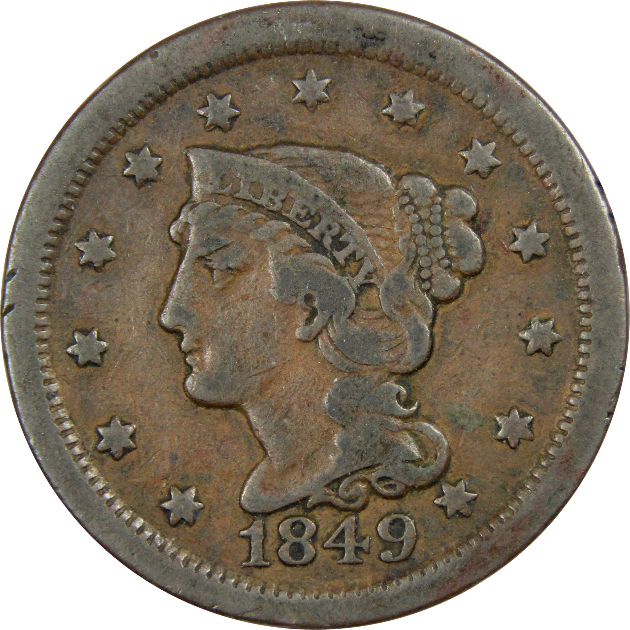 1849 Braided Hair Large Cent VF Very Fine Copper Penny 1c SKU:IPC7665