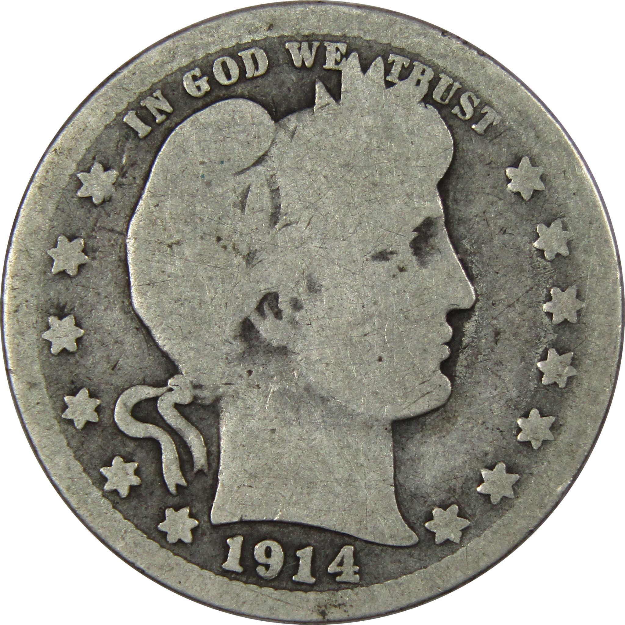 1914 S Barber Quarter G Good 90% Silver 25c US Type Coin SKU:IPC9079