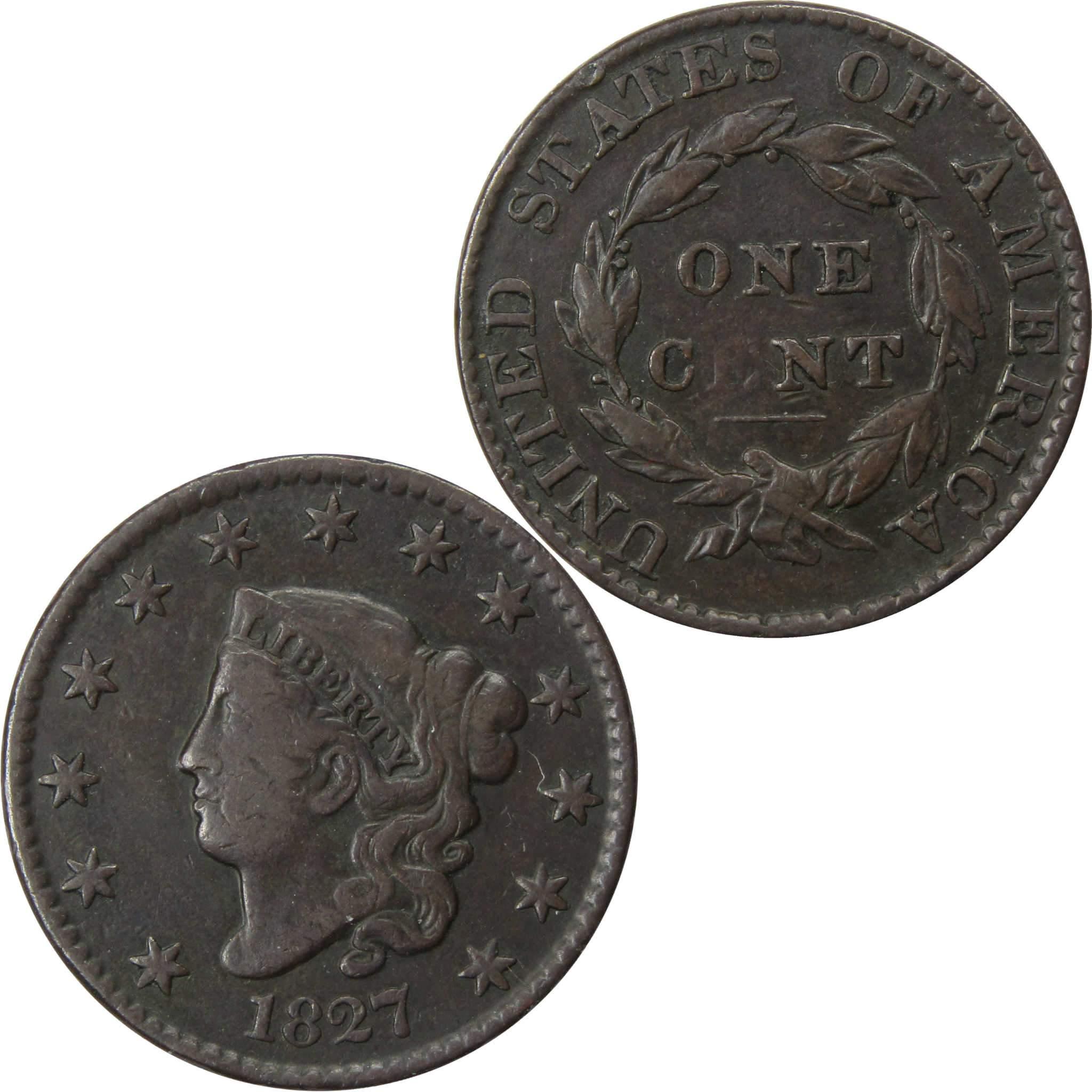 1827 Coronet Head Large Cent VF Very Fine Copper Penny 1c SKU IPC463