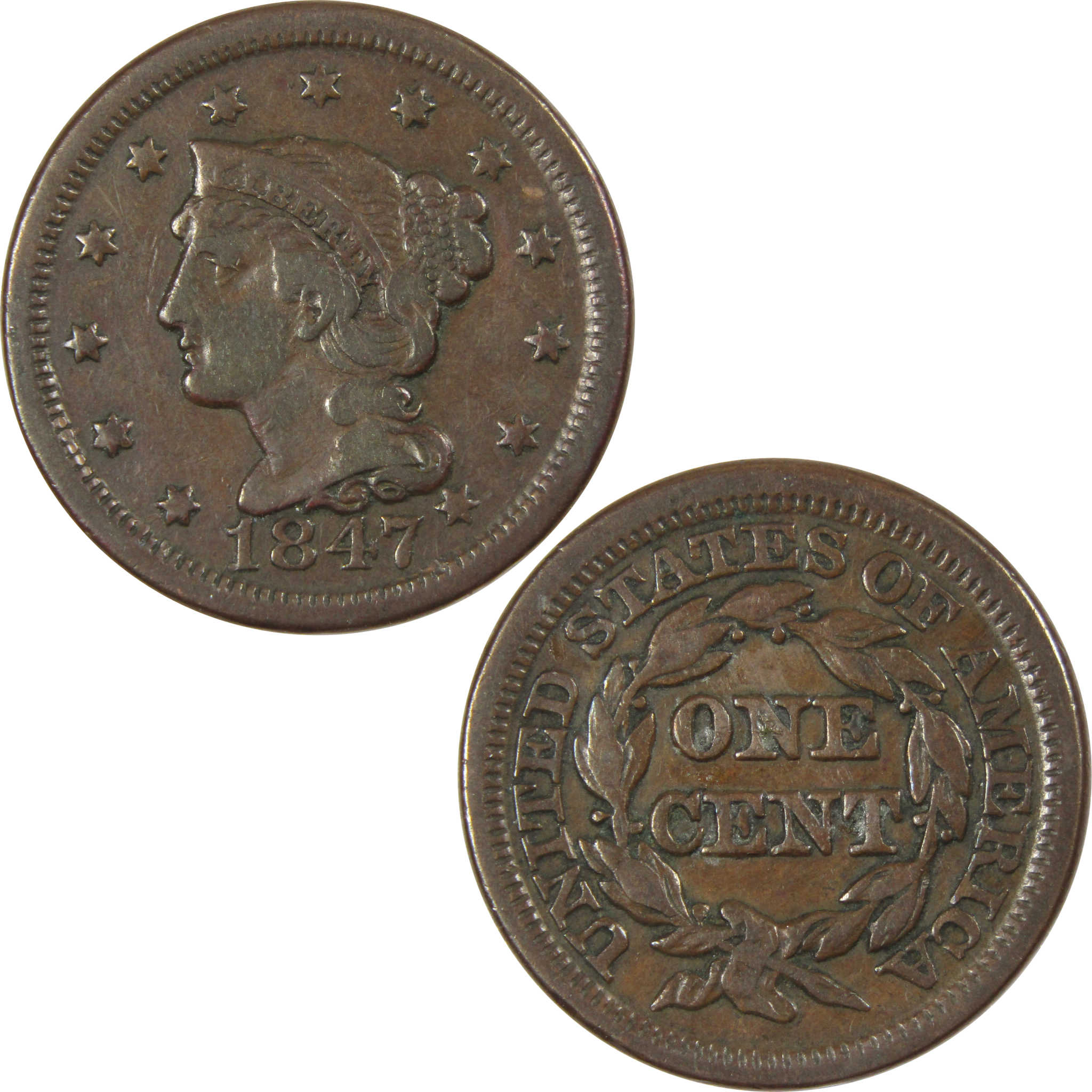 1847 Braided Hair Large Cent VF Very Fine Copper Penny 1c SKU:IPC7042