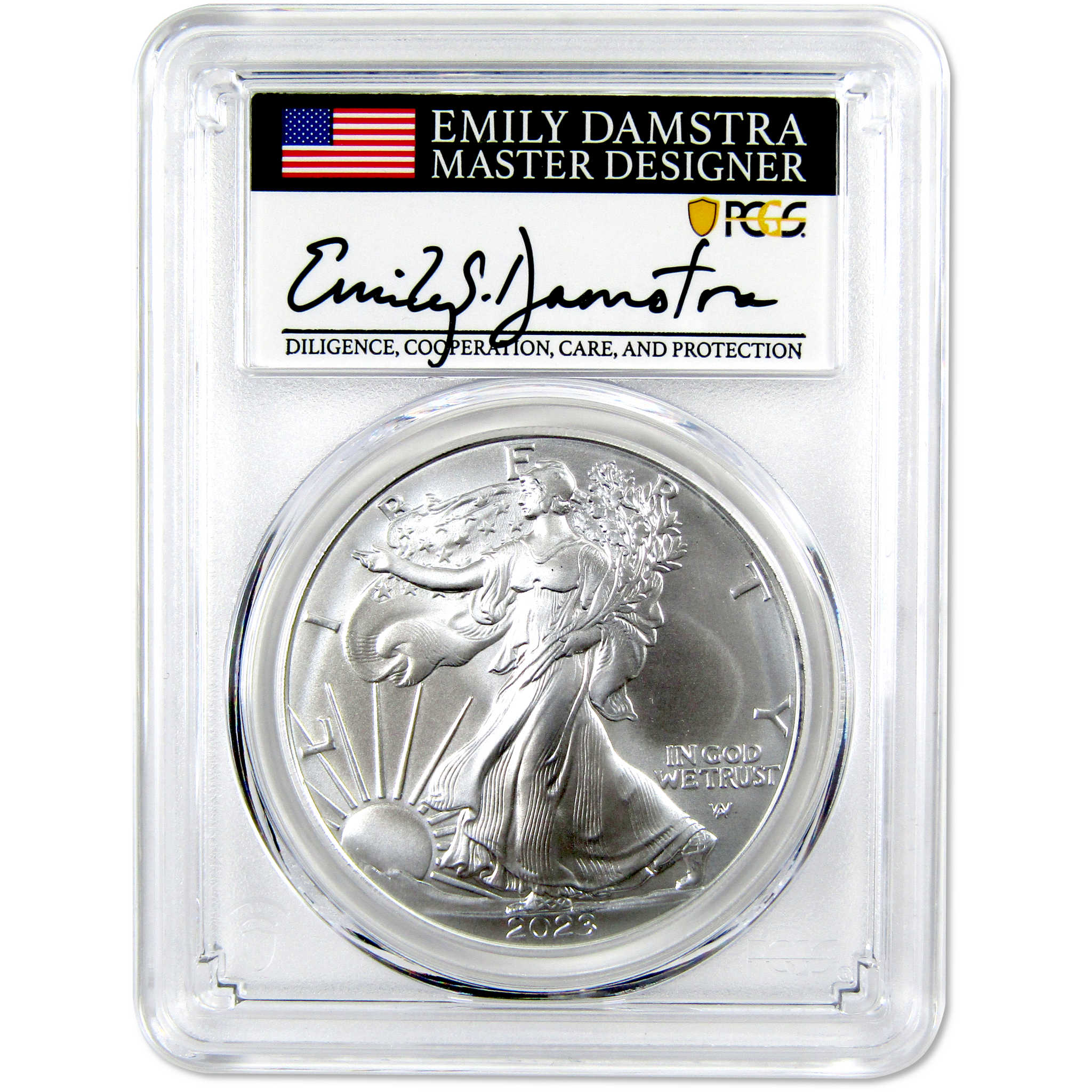 2023 American Silver Eagle MS70 PCGS First Day Emily Damstra SKU:OPC90