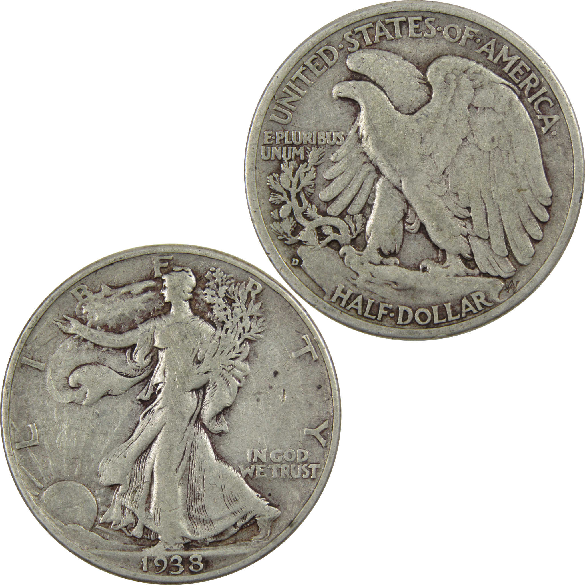 1938 D Liberty Walking Half Dollar F Fine 90% Silver 50c SKU:I4434