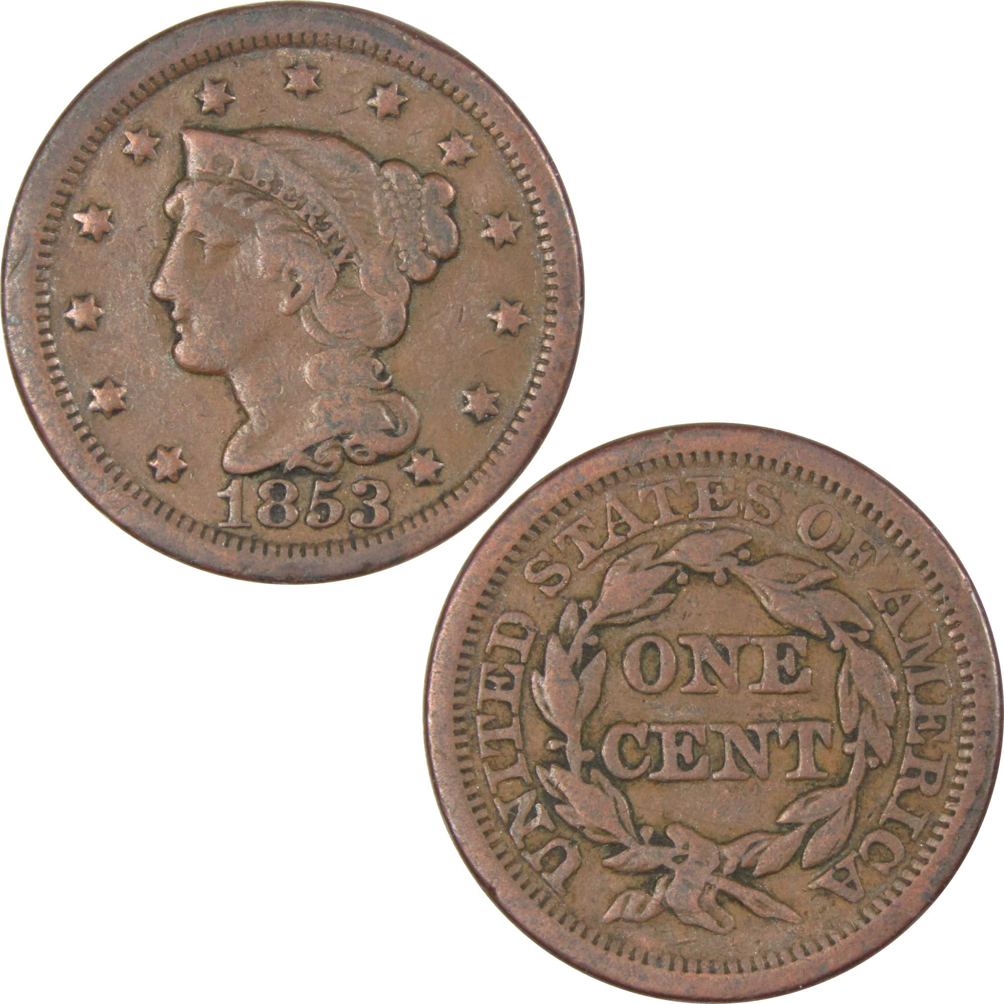 1853 Braided Hair Large Cent VF Very Fine Copper Penny 1c SKU:IPC6633