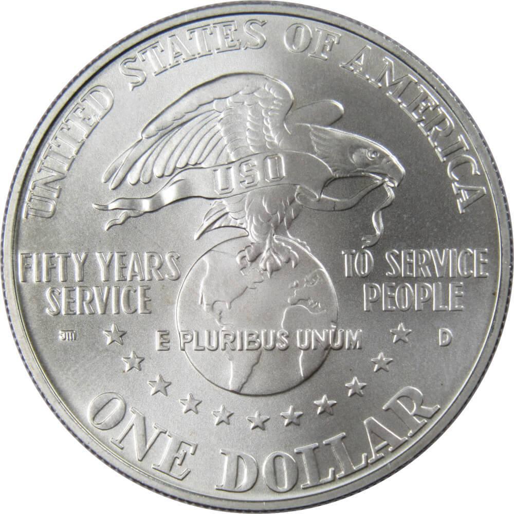 USO 50th Anniversary Commemorative 1991 D 90% Silver Dollar Uncirculated $1 Coin