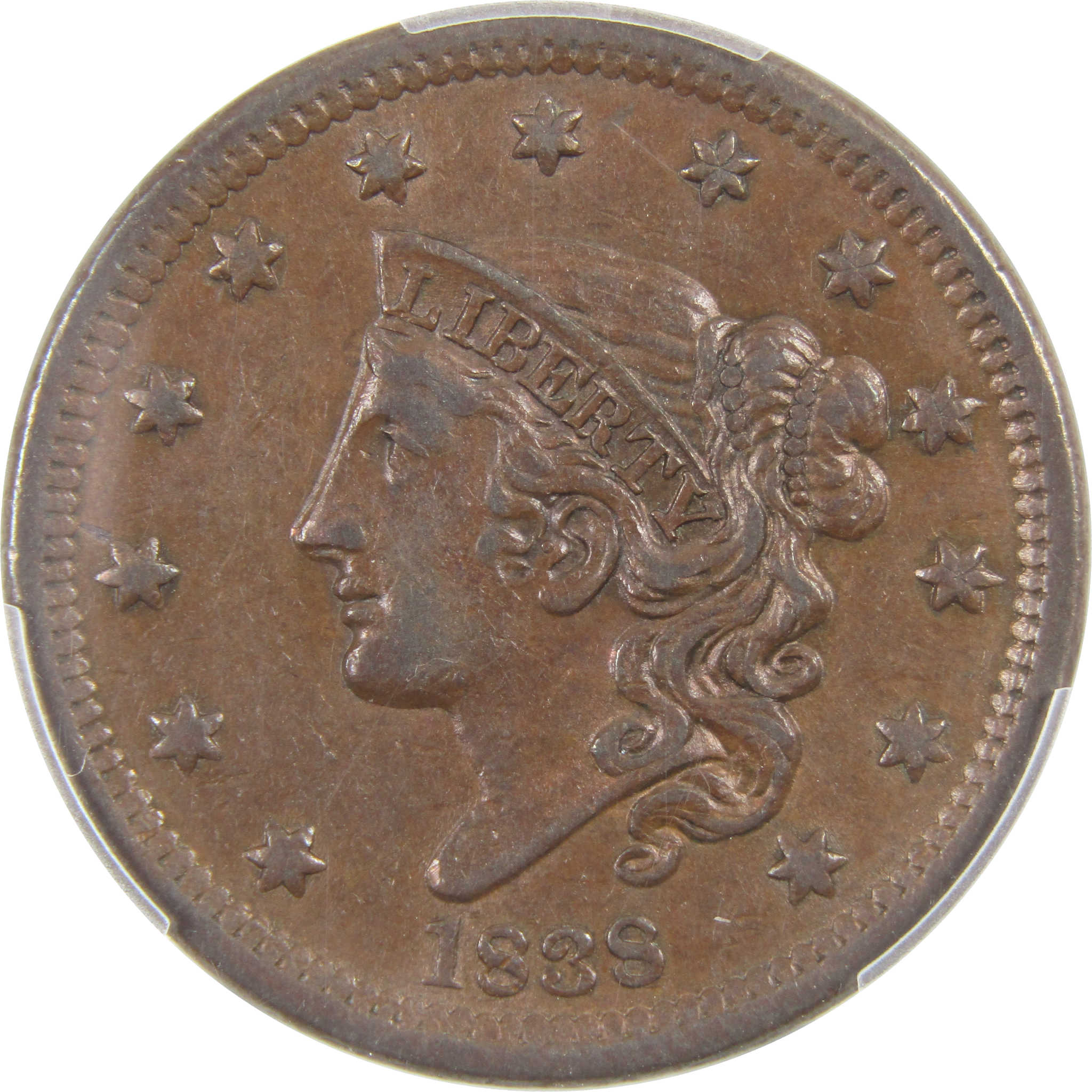 1838 Coronet Head Large Cent AU 50 PCGS Copper Penny Coin SKU:I3066