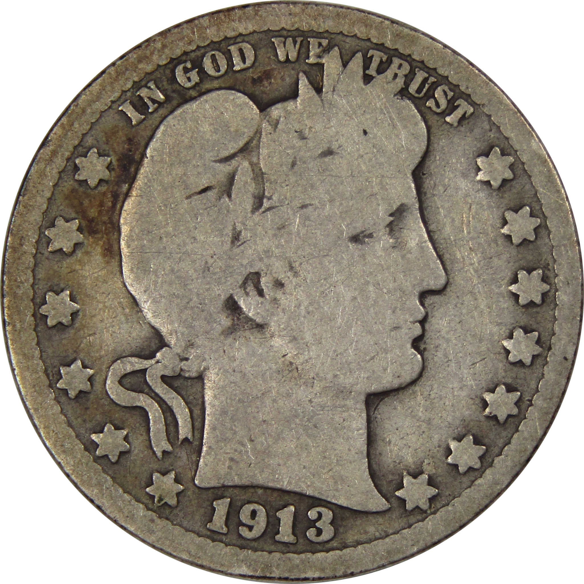 1913 Barber Quarter G Good 90% Silver 25c US Type Coin SKU:I1765