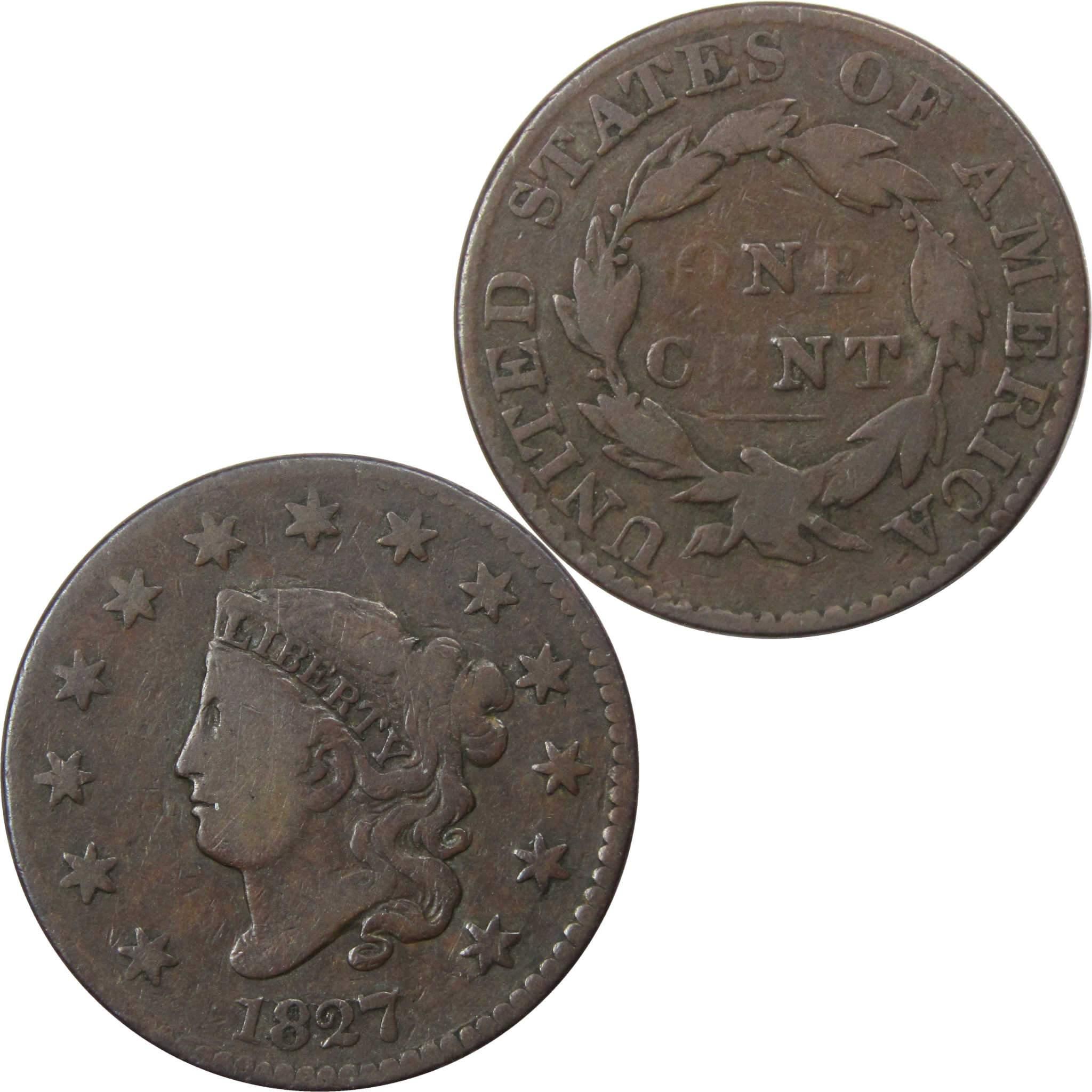 1827 Coronet Head Large Cent F Fine Copper Penny 1c SKU:IPC464