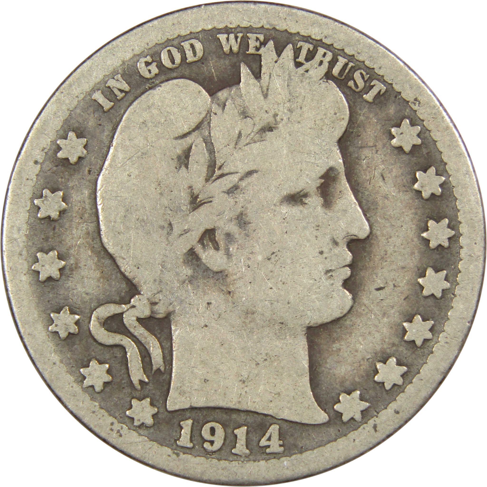 1914 S Barber Quarter G Good 90% Silver 25c US Type Coin SKU:IPC7702
