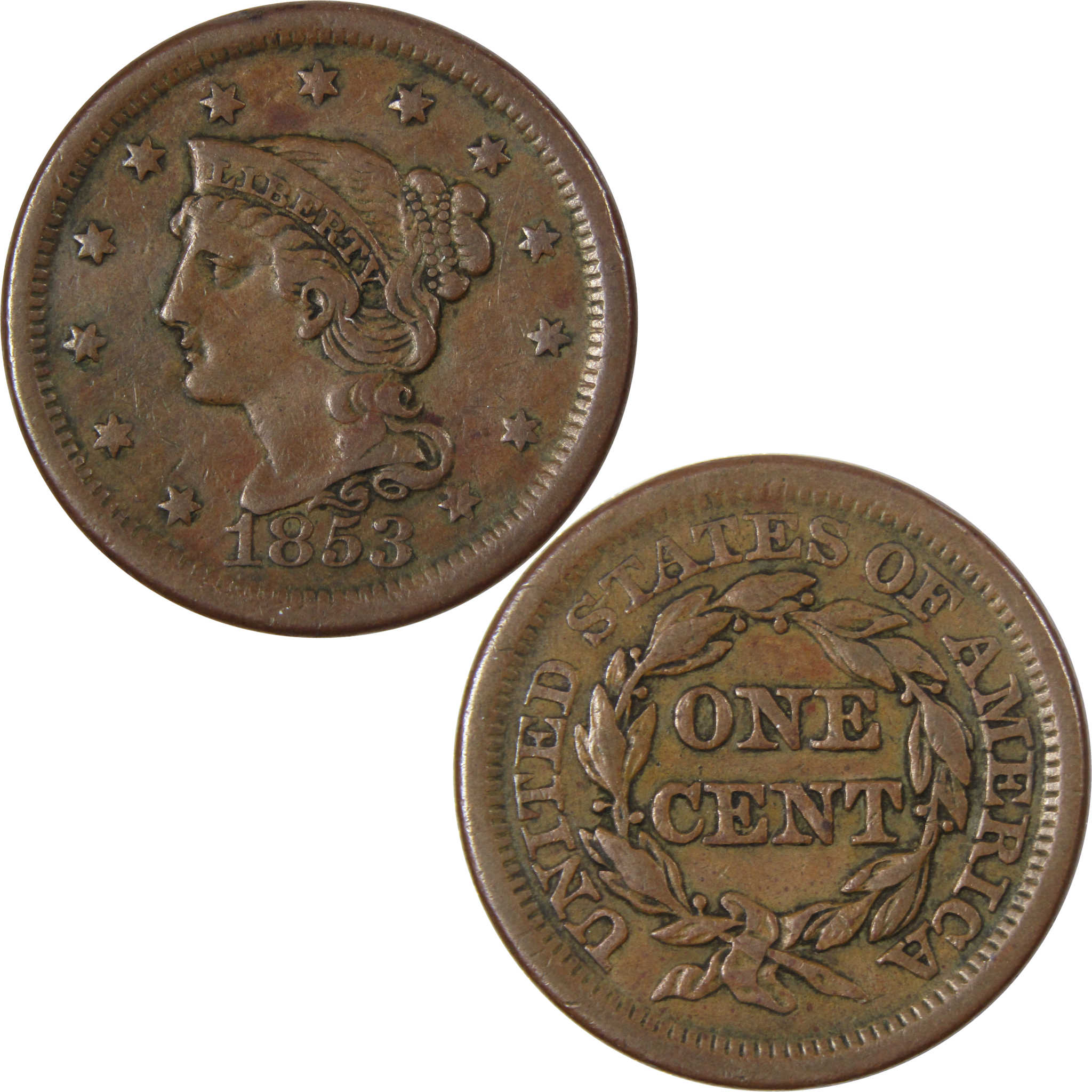 1853 Braided Hair Large Cent VF Very Fine Copper Penny Coin SKU:I314