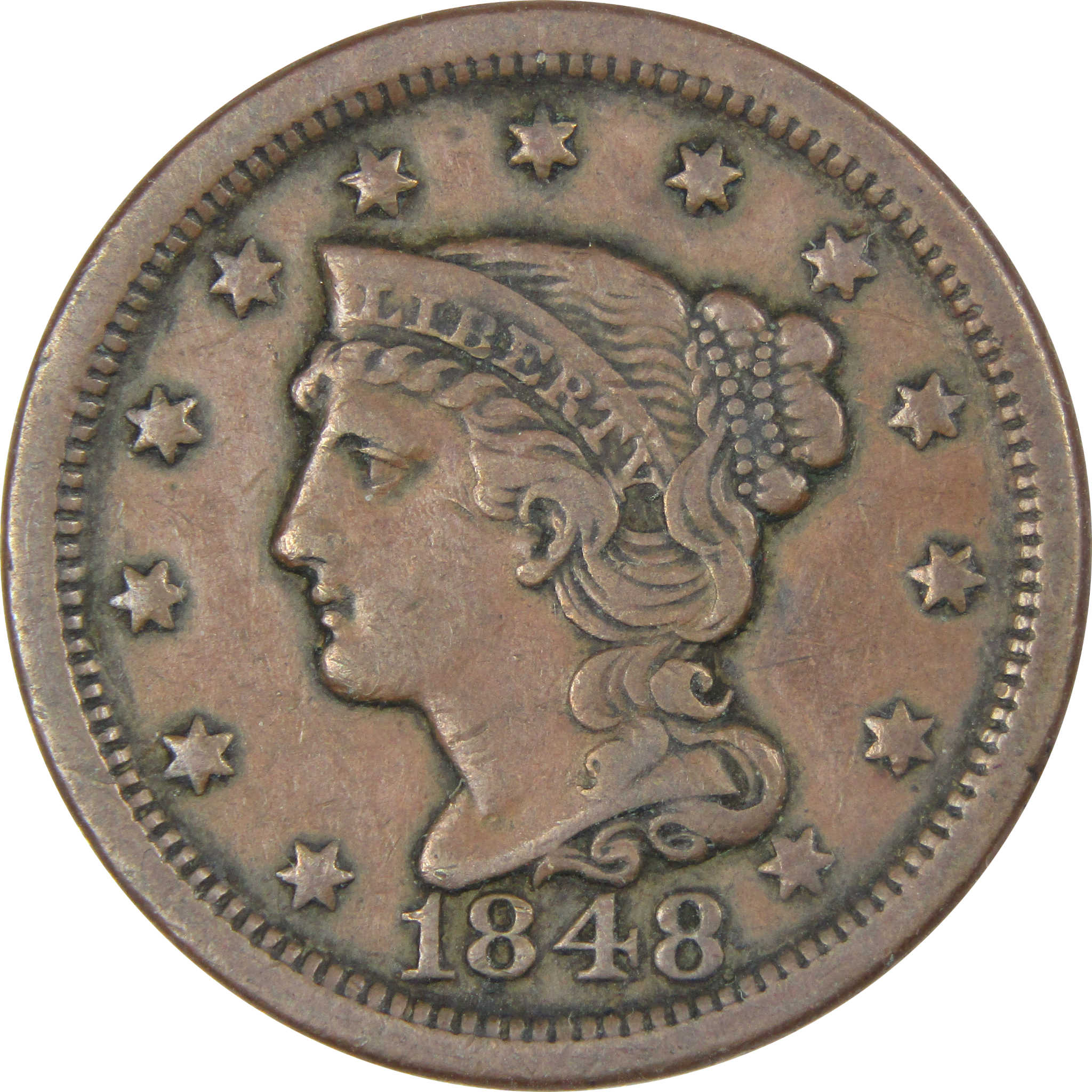 1848 Braided Hair Large Cent VF Very Fine Copper Penny 1c SKU:IPC6628
