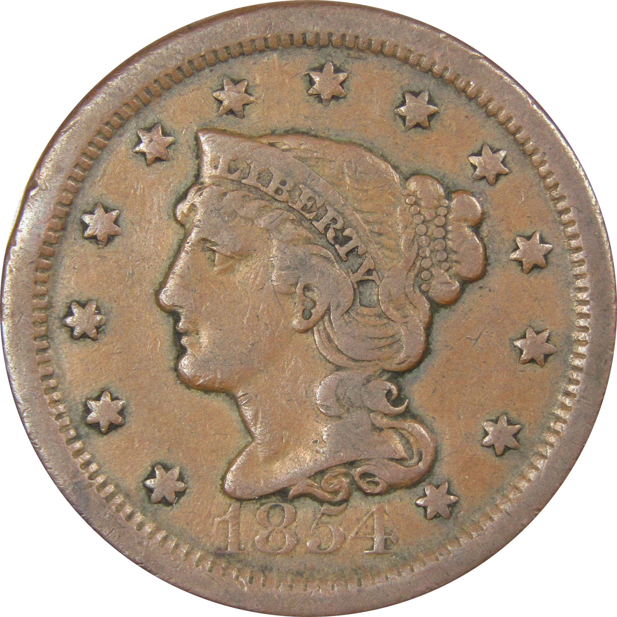 1854 Braided Hair Large Cent F Fine Copper Penny 1c SKU:IPC7322