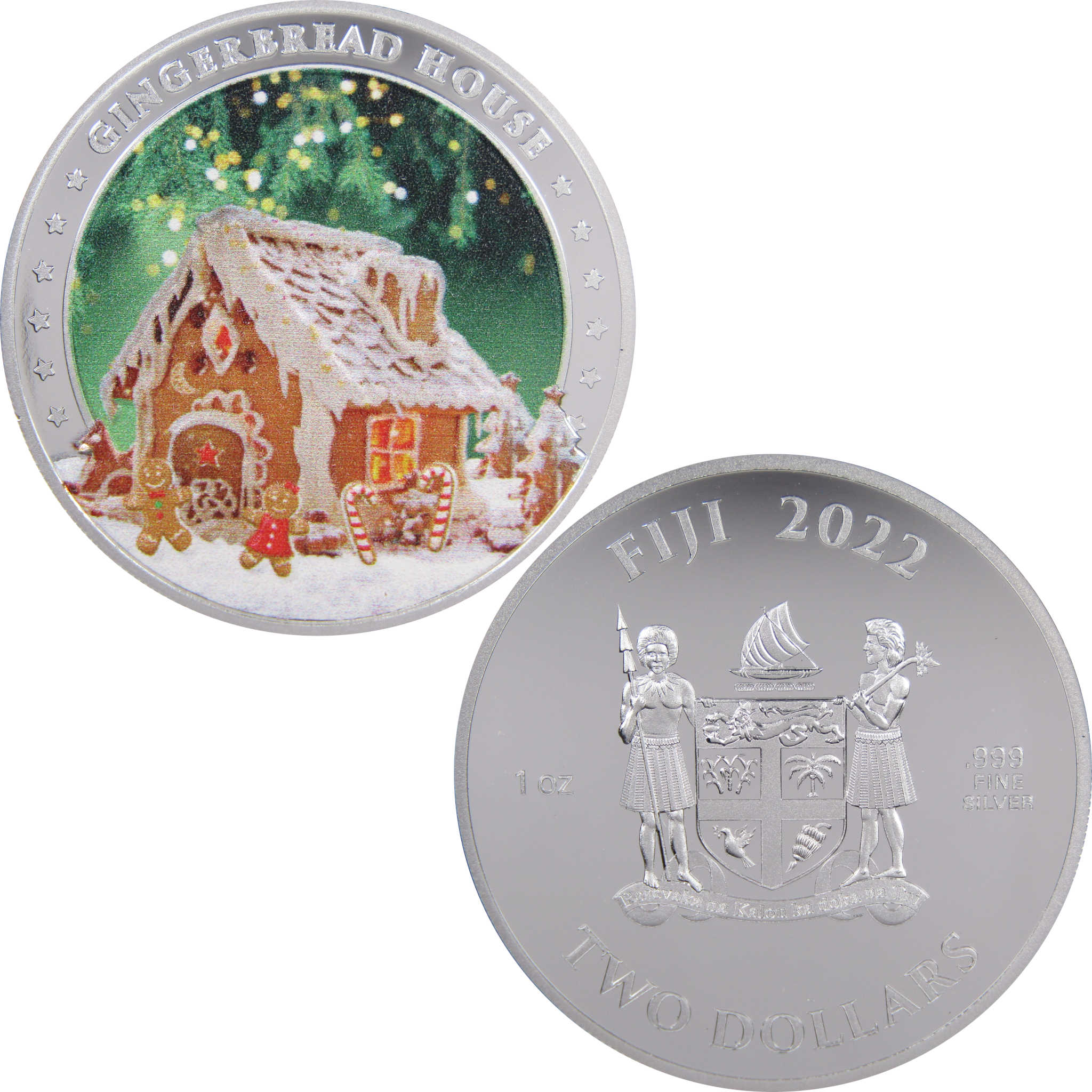 Gingerbread House 1 oz .999 Fine Silver $2 Colorized Proof-like Coin 2022 Fiji