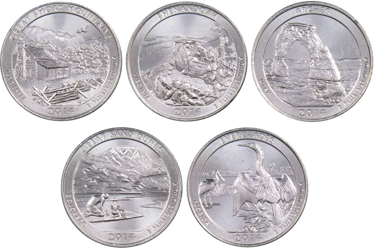2014 D National Park Quarter 5 Coin Set Uncirculated Mint State 25c Collectible