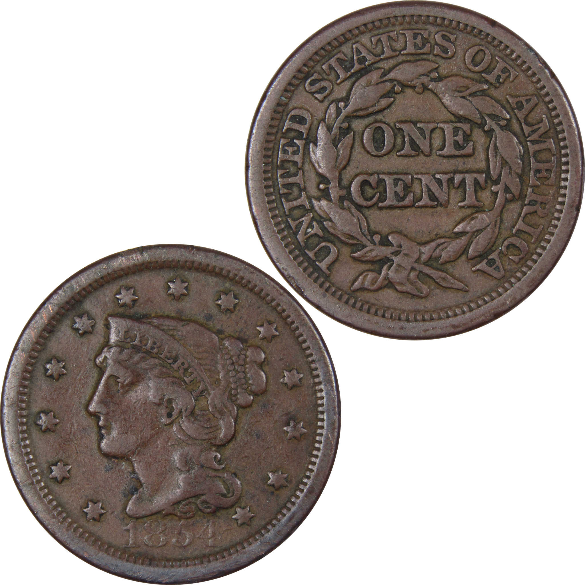1854 Braided Hair Large Cent F Fine Copper Penny 1c SKU:IPC8063