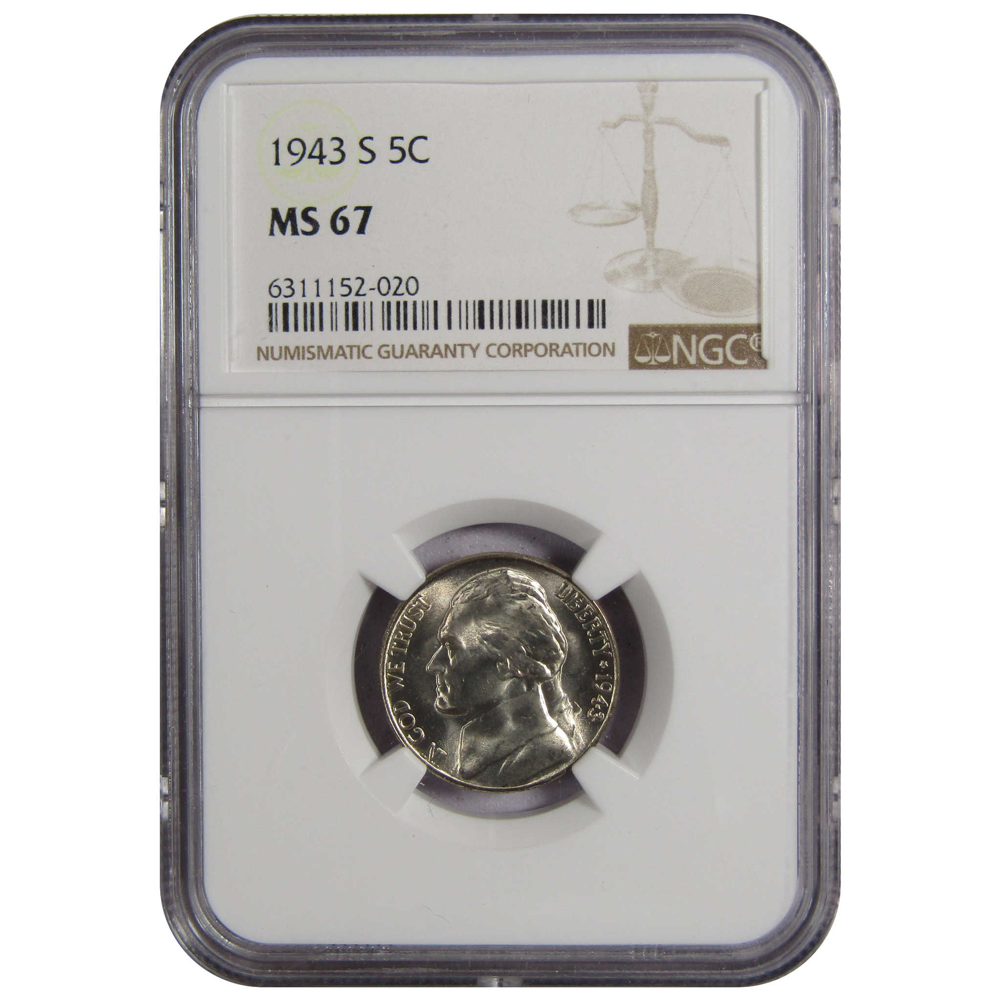 1943 S Jefferson Nickel MS 67 NGC 35% Wartime Silver 5c SKU:IPC6704