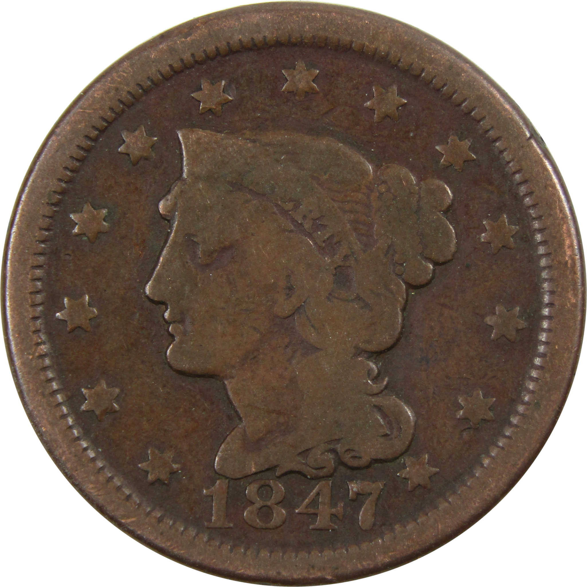 1847 Braided Hair Large Cent AG About Good Copper Penny SKU:I4678