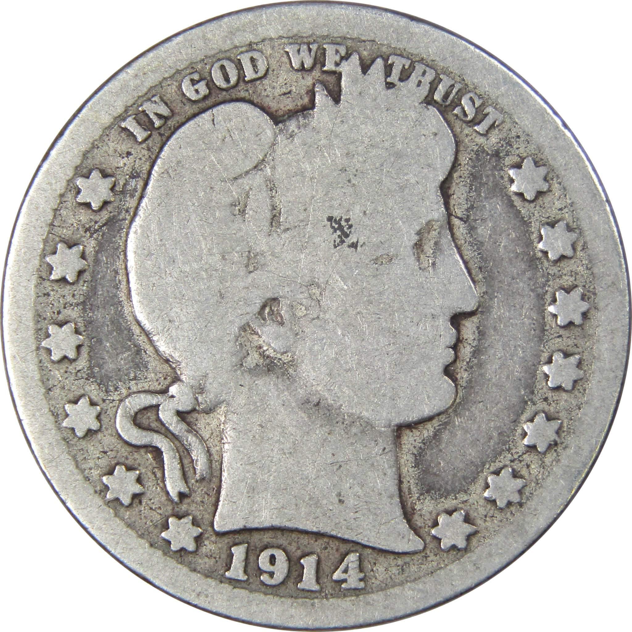 1914 S Barber Quarter G Good 90% Silver 25c US Type Coin SKU:IPC2244