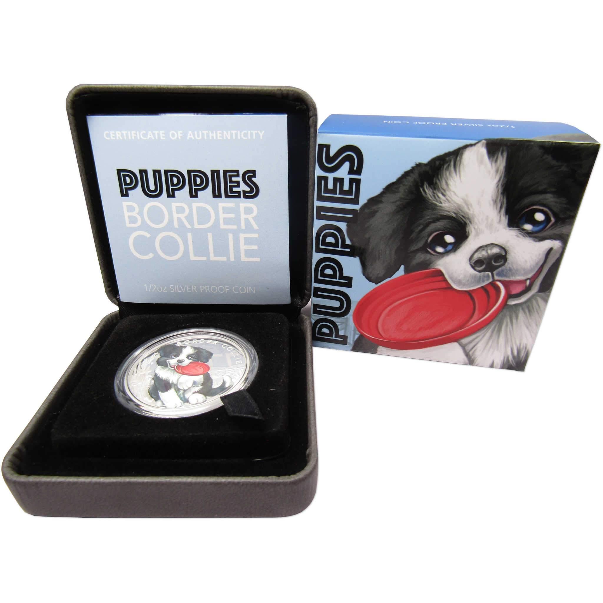 Puppies Border Collie 1/2 oz .9999 Silver Proof 50c Coin 2018 Tuvalu