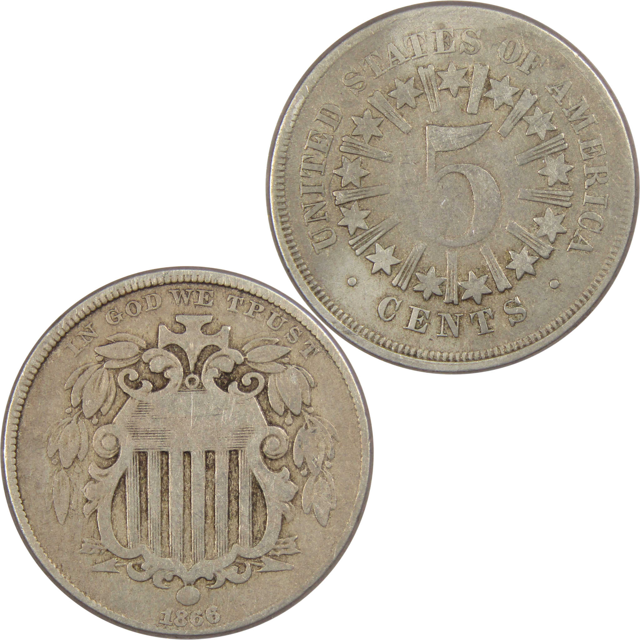 1866 Shield Nickel 5 Cent Piece VG Very Good 5c Type Coin SKU:IPC7714