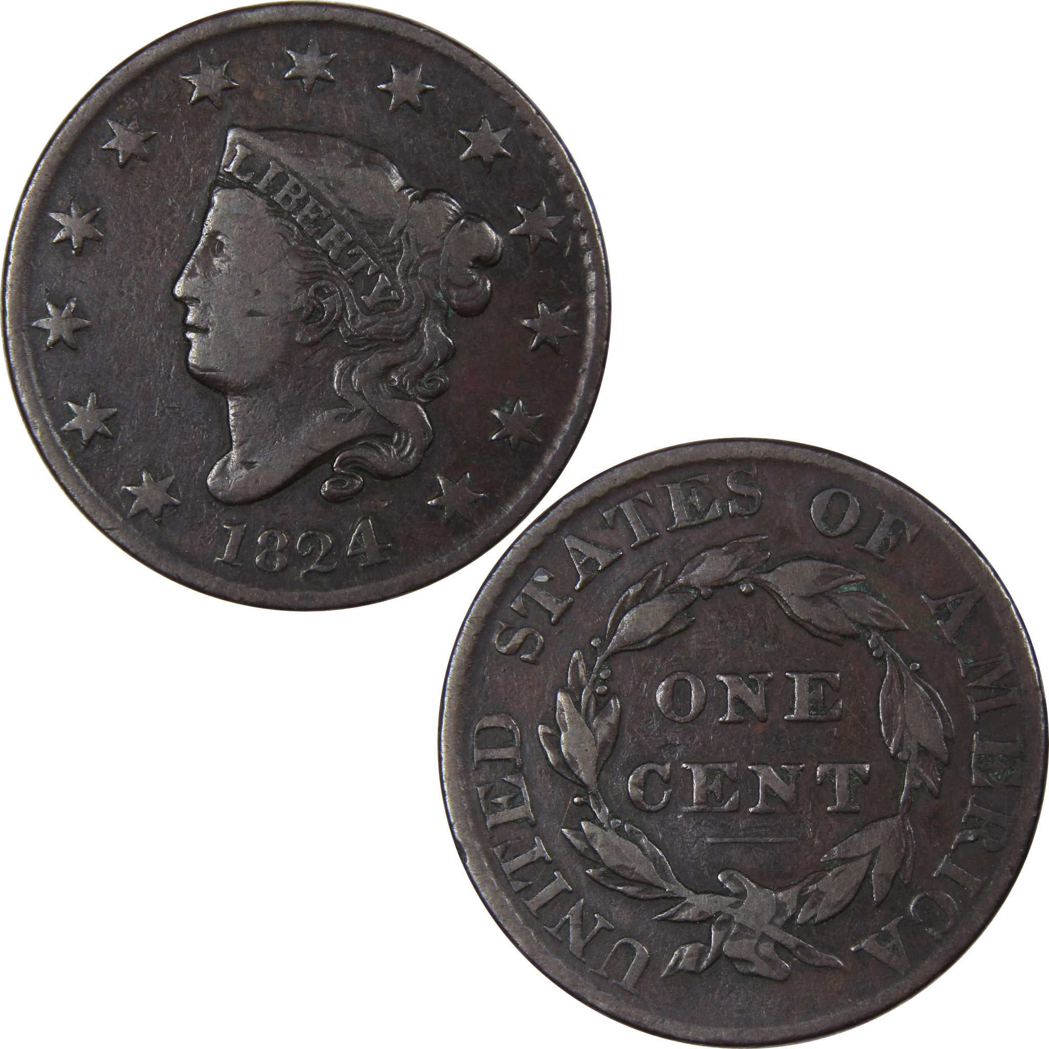 1824 Coronet Head Large Cent VF Very Fine Copper Penny 1c SKU:IPC8543