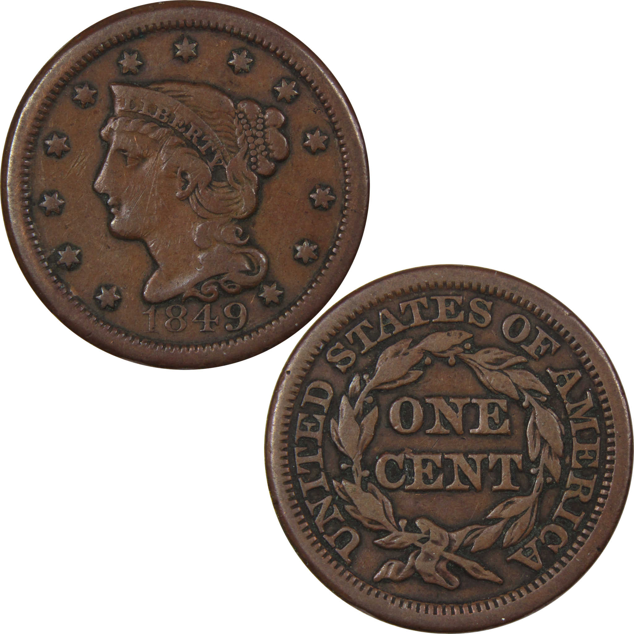 1849 Braided Hair Large Cent VF Very Fine Copper Penny 1c SKU:IPC9261