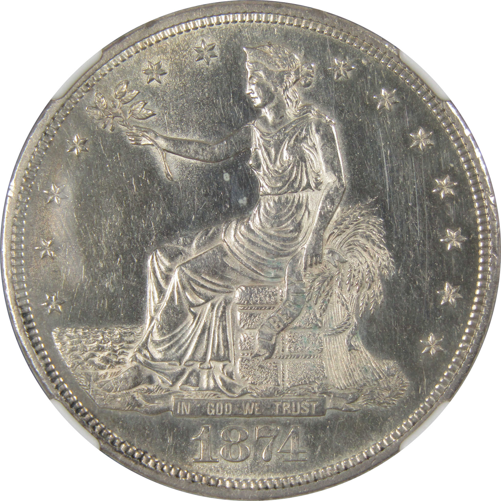 1874 CC Trade Dollar Uncirculated Details NGC 90% Silver SKU:IPC7028