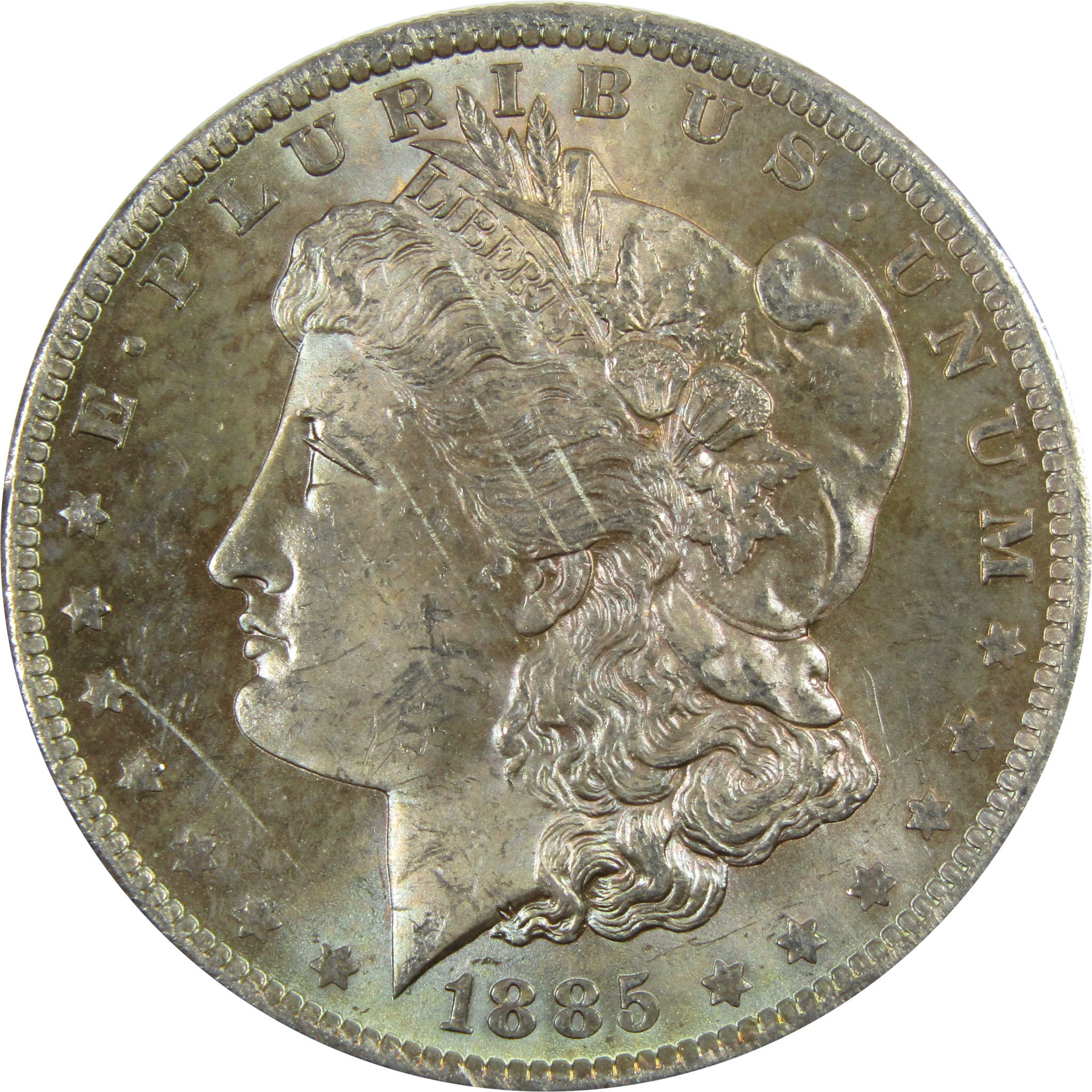 1885 O Morgan Dollar BU Choice Unc 90% Silver Toned Obverse SKU:I7141