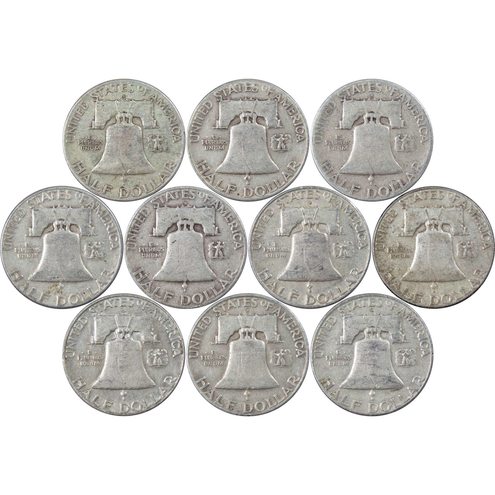 Franklin Half Dollar 10 Coin Set AG About Good 90% Silver with Folder