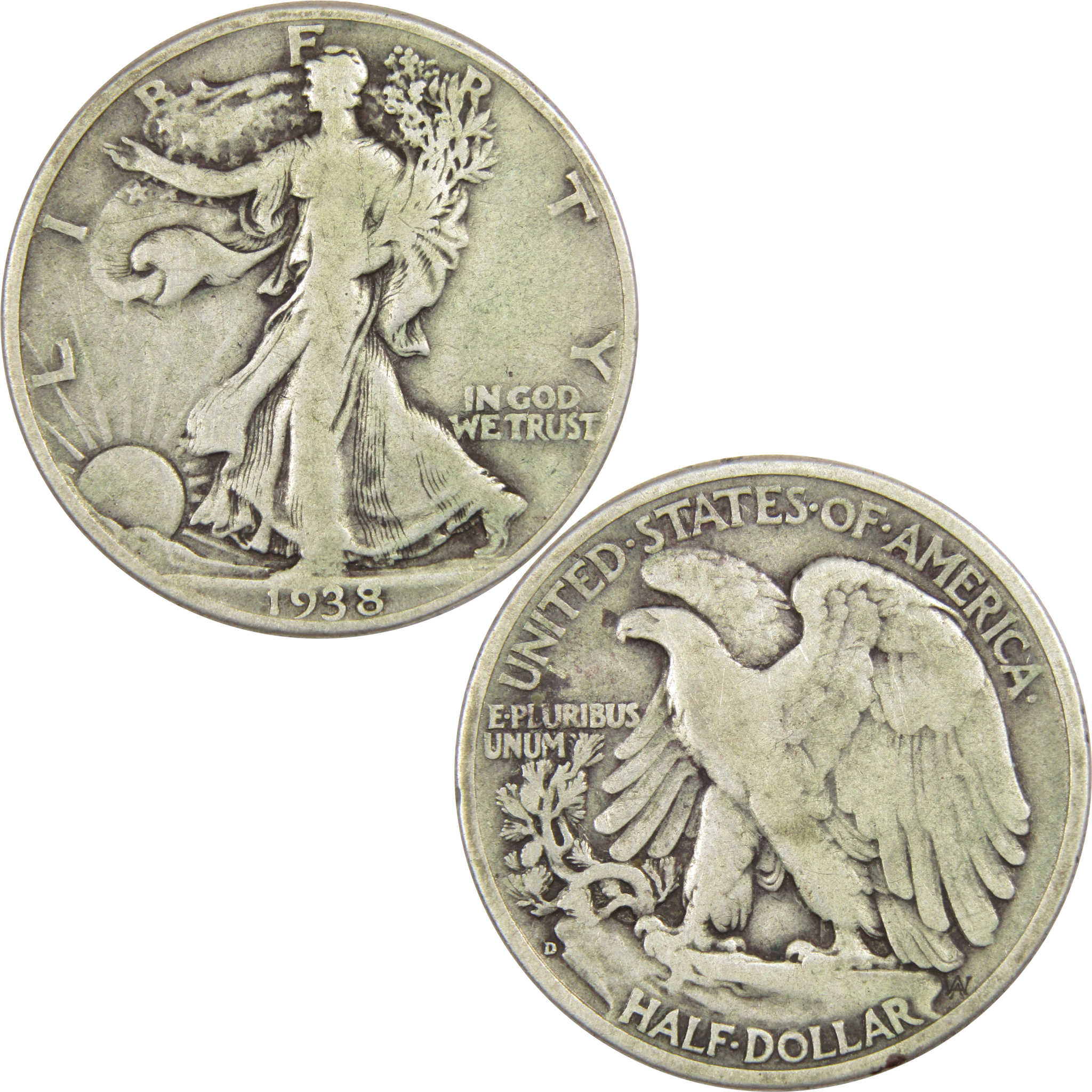 1938 D Liberty Walking Half Dollar F Fine 90% Silver 50c SKU:IPC7660