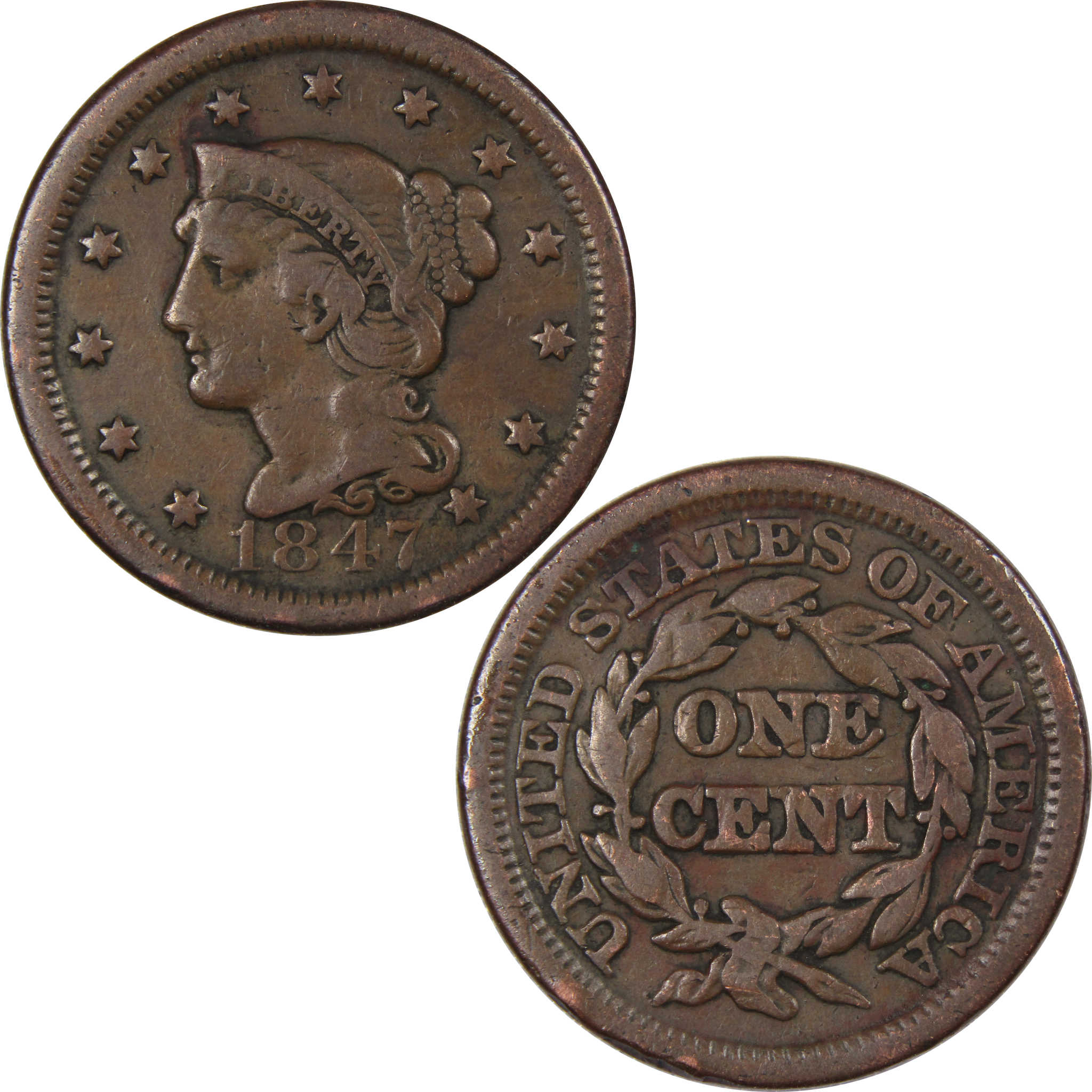 1847 Braided Hair Large Cent AG About Good Copper Penny SKU:IPC9073