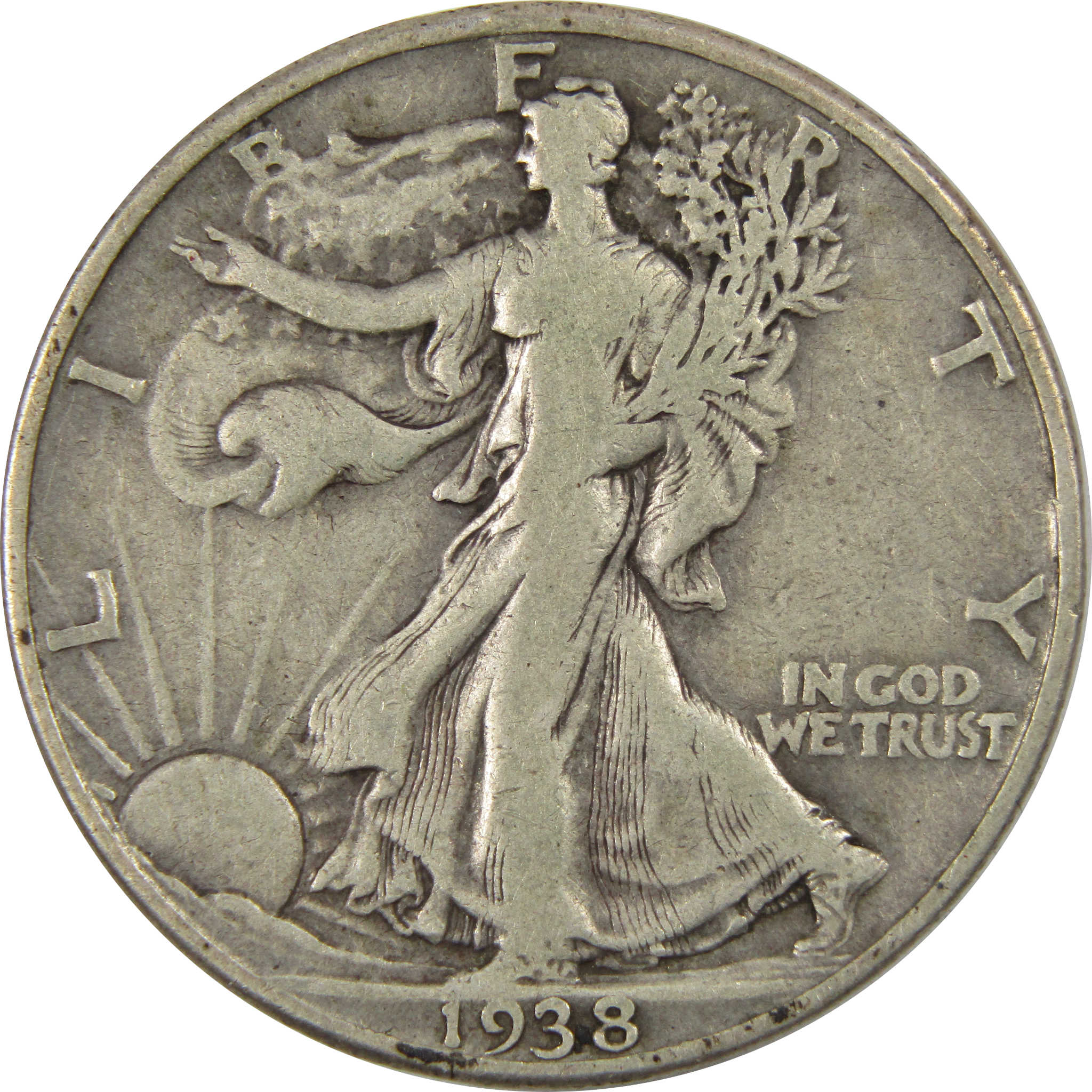 1938 D Liberty Walking Half Dollar F Fine 90% Silver SKU:I7320