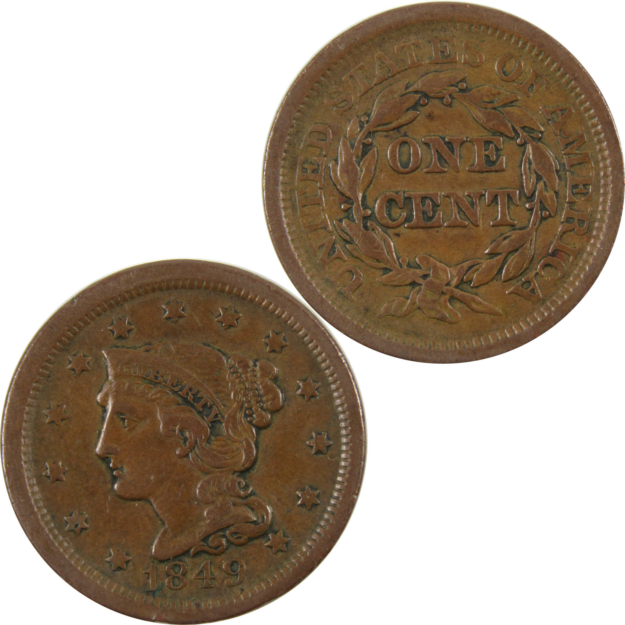 1849 Braided Hair Large Cent VF Very Fine Copper 1c SKU:I7481