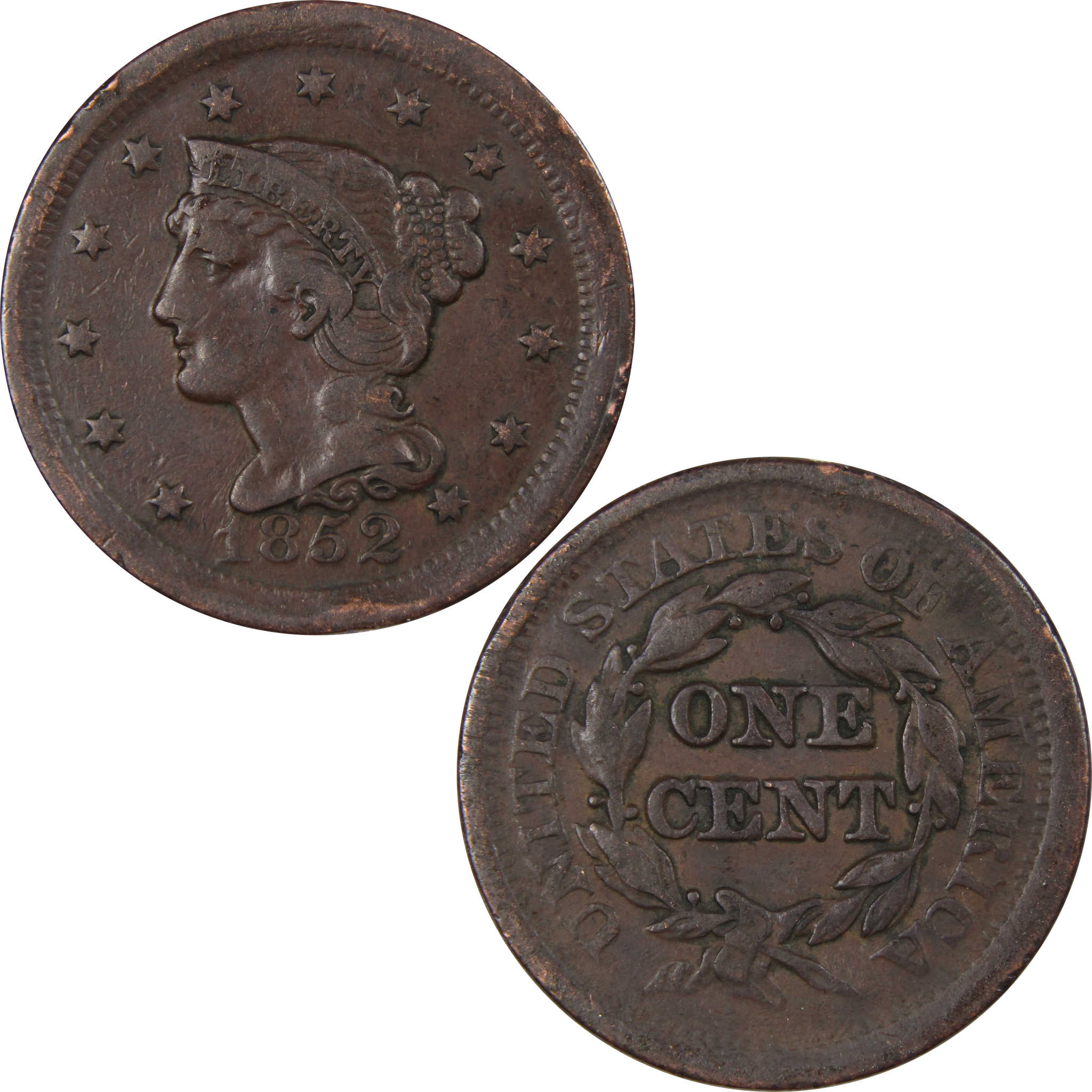 1852 Braided Hair Large Cent F Fine Copper Penny 1c SKU:IPC9054
