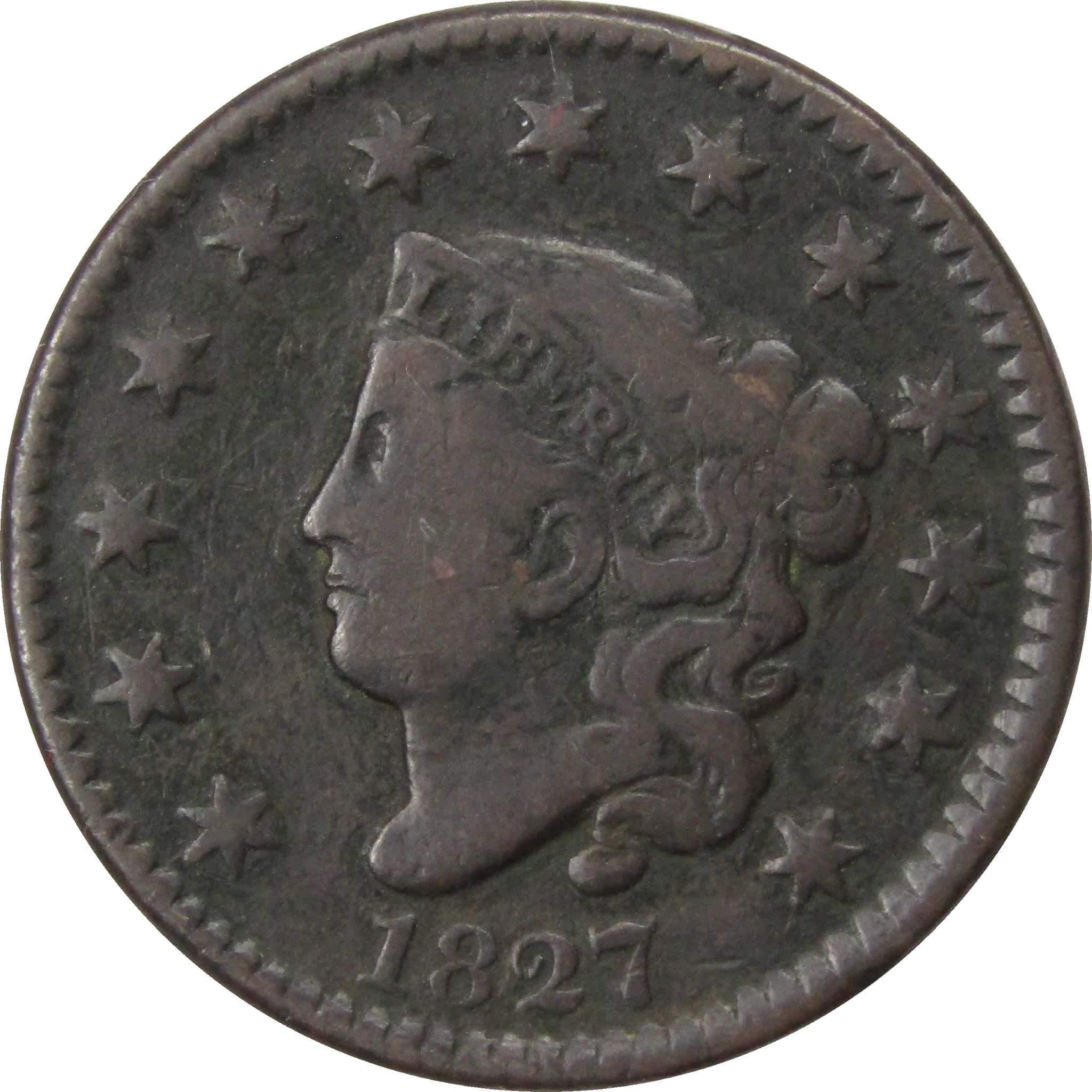 1827 Coronet Head Large Cent F Fine Copper Penny 1c SKU:IPC494