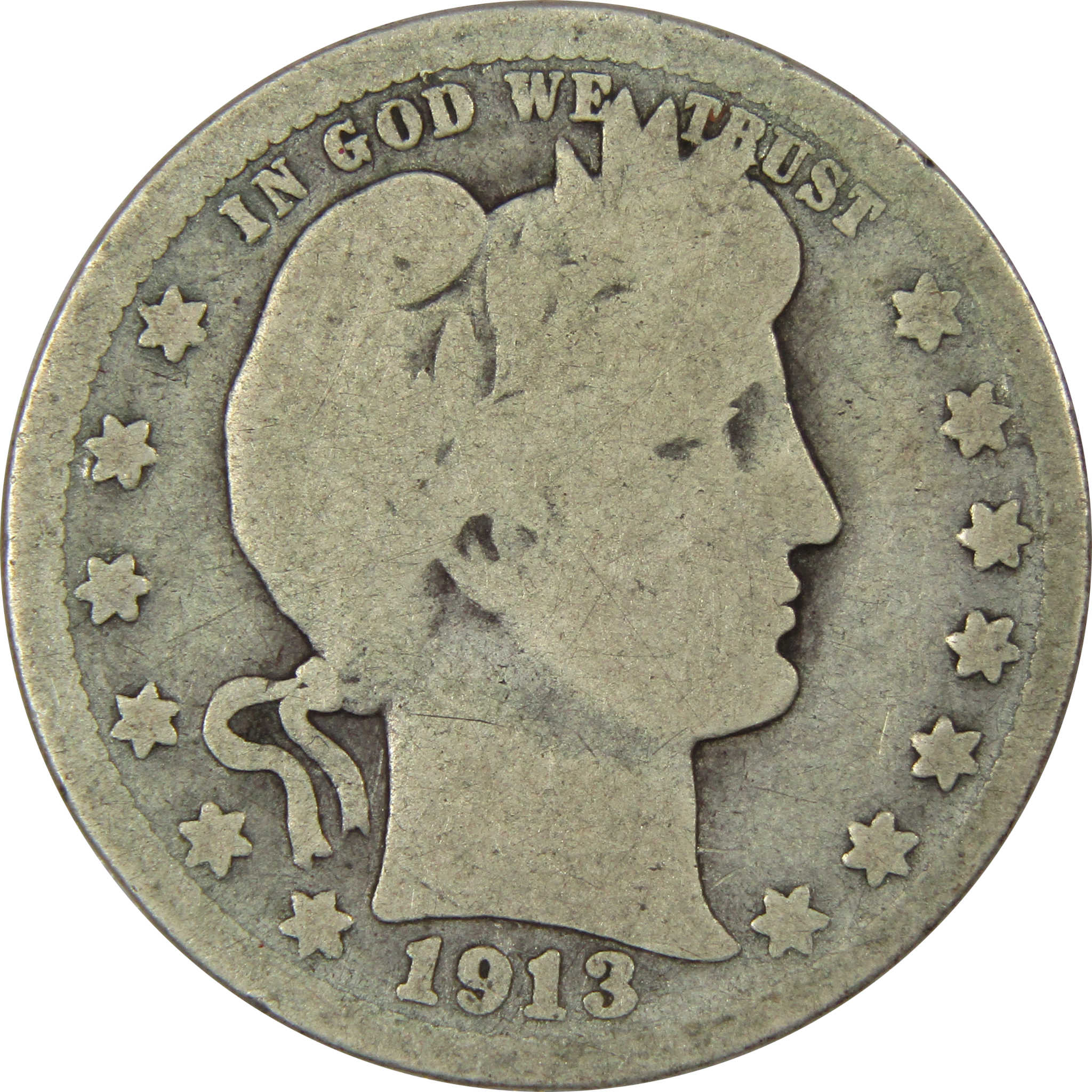 1913 Barber Quarter G Good 90% Silver 25c US Type Coin SKU:IPC7148