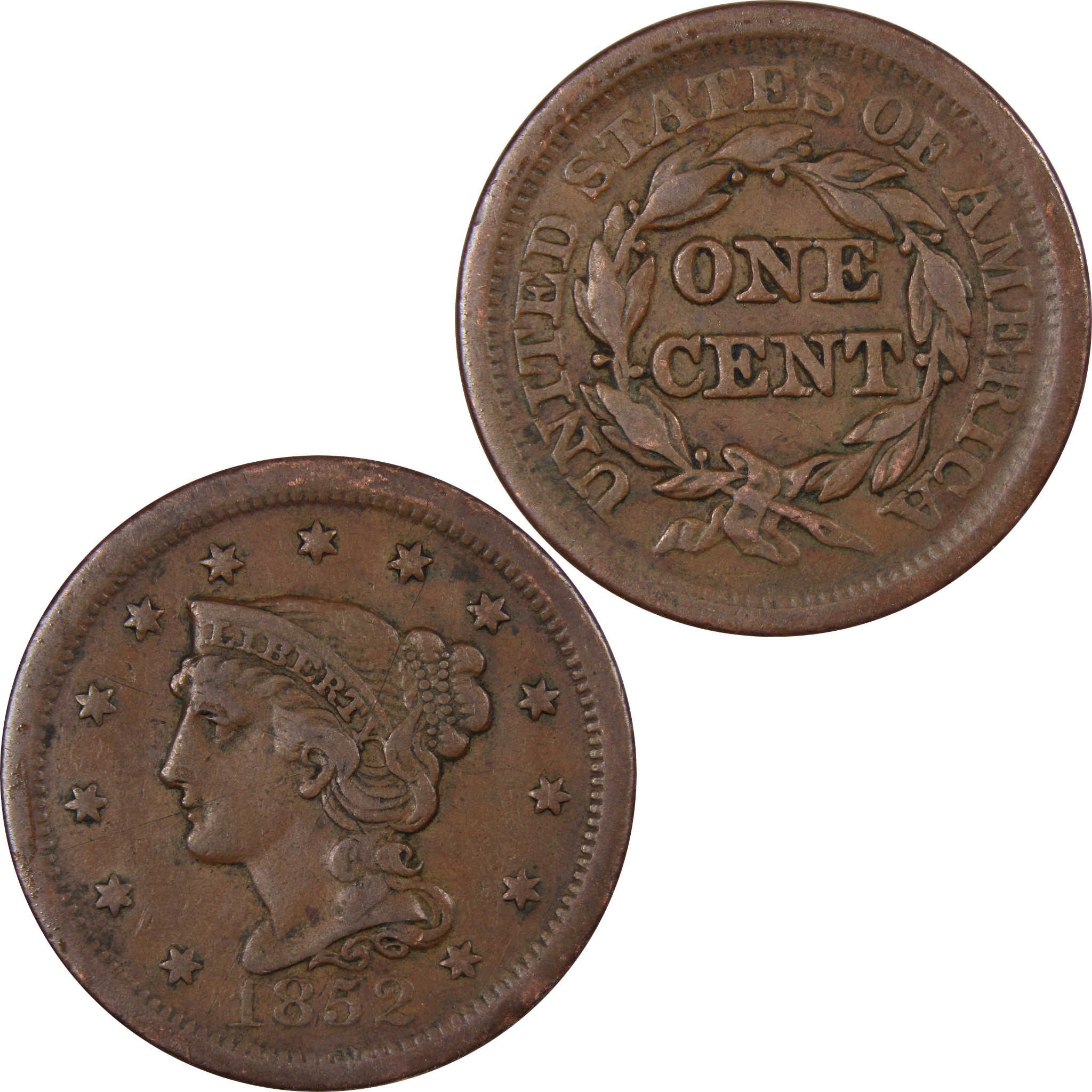 1852 Braided Hair Large Cent F Fine Copper Penny 1c SKU:IPC9028